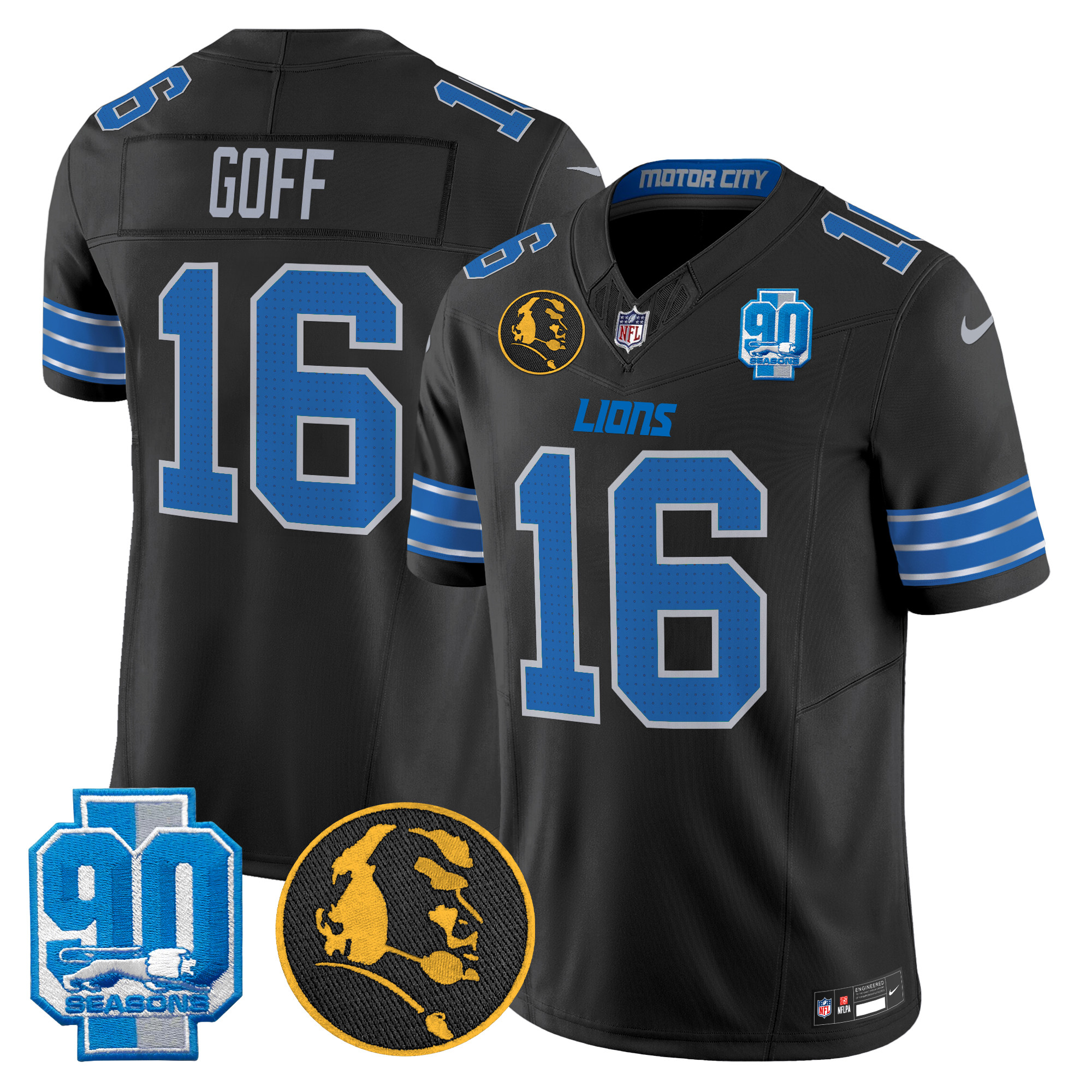 Jared Goff Men's Detroit Lions 2024 90th & John Madden Patch Vapor Limited Black Jersey - All Stitched