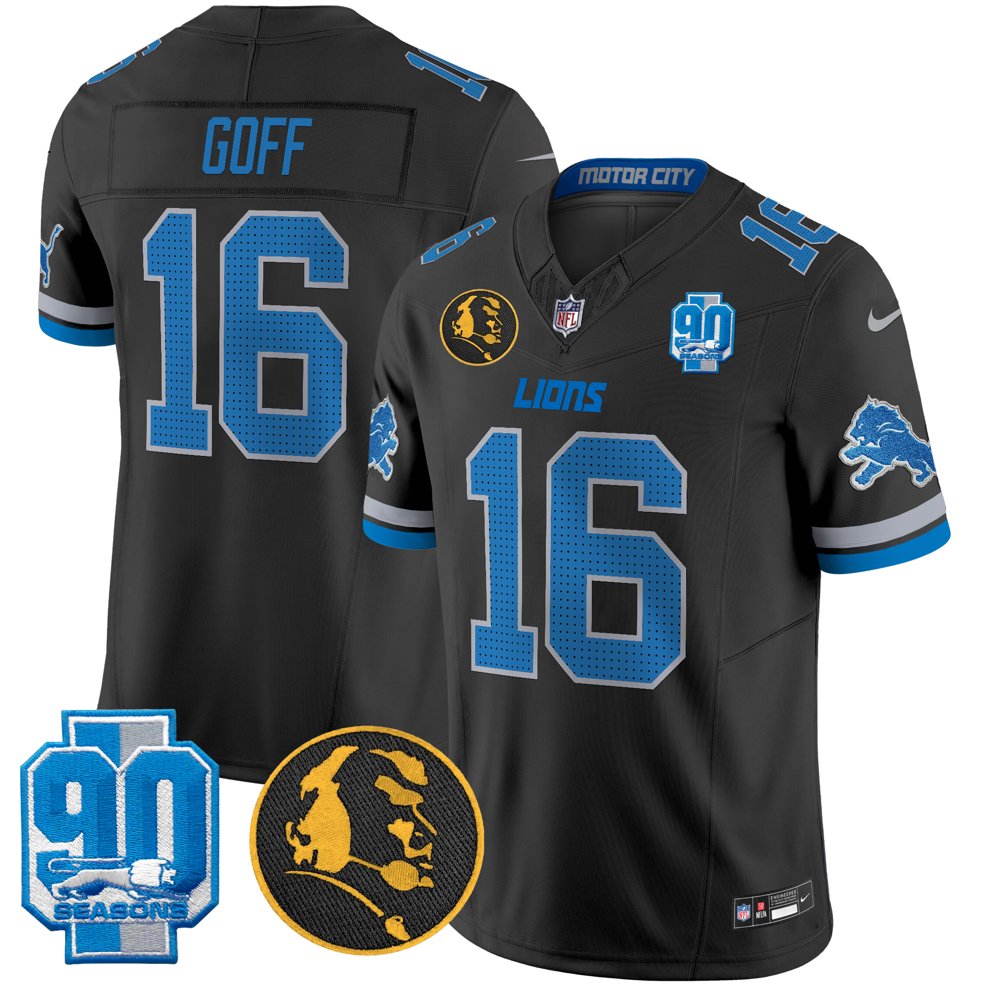 Jared Goff Men's Detroit Lions 2024 90th & John Madden Patch Vapor Limited Black Jersey - All Stitched