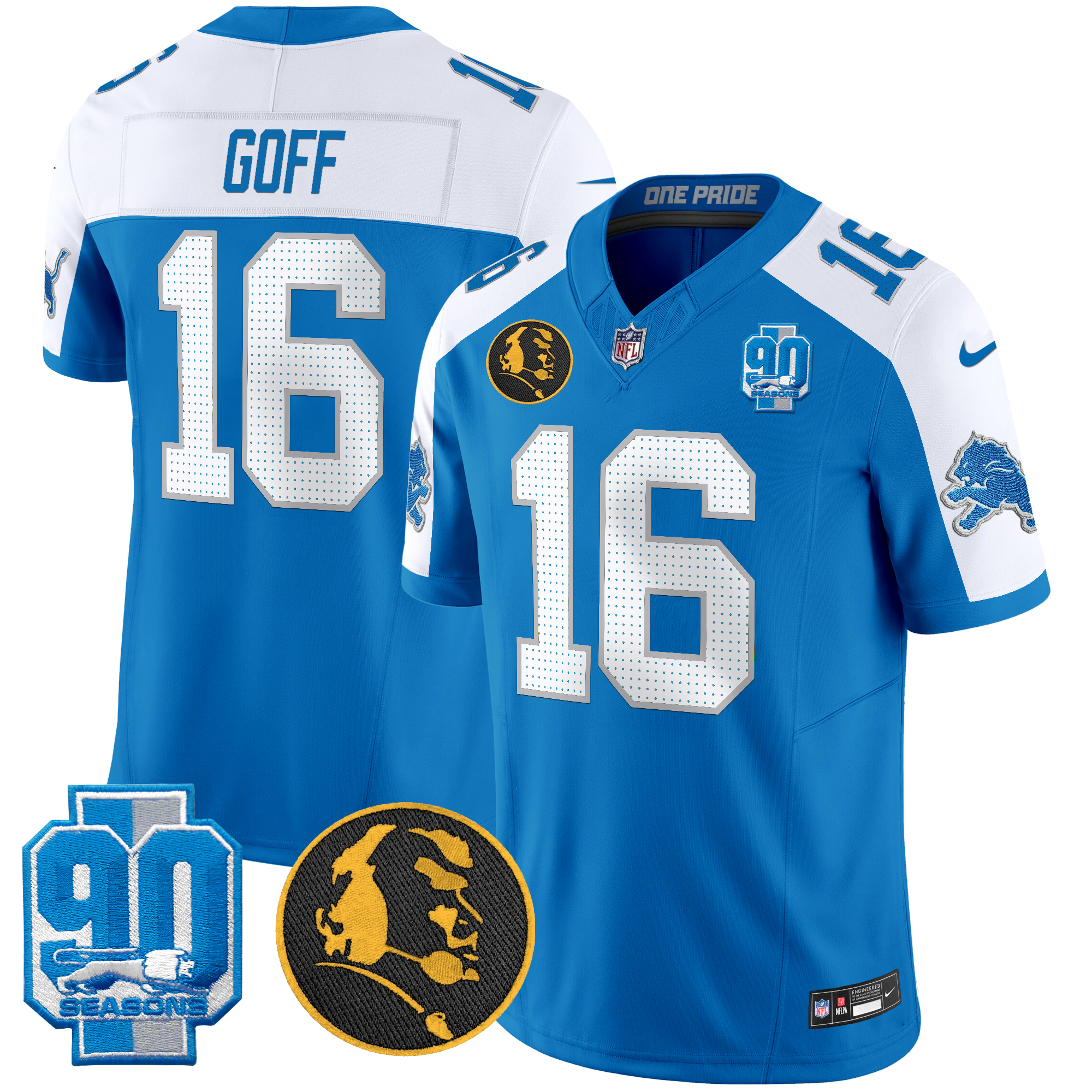 Jared Goff Men's Detroit Lions 2024 90th & John Madden Patch Vapor Limited Blue Alternate Jersey - All Stitched