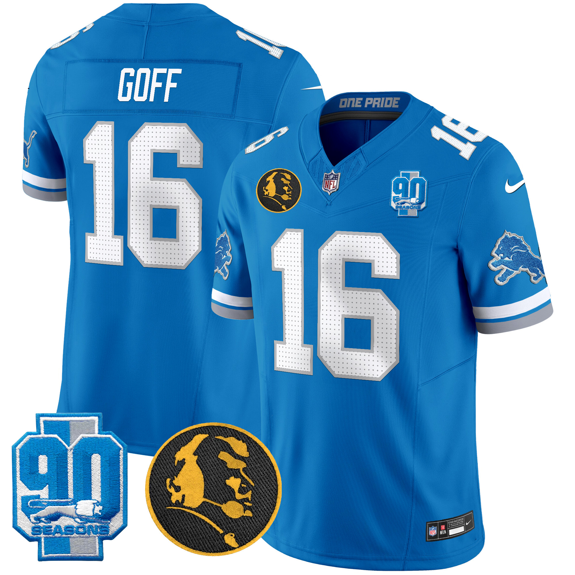 Jared Goff Men's Detroit Lions 2024 90th & John Madden Patch Vapor Limited Blue Jersey - All Stitched