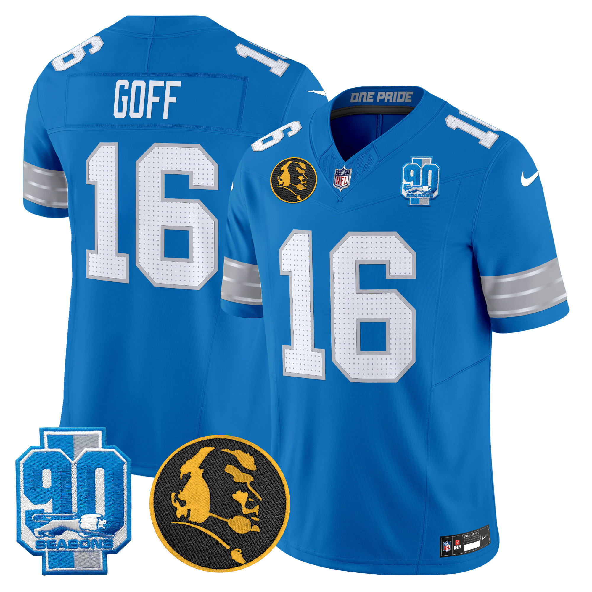 Jared Goff Men's Detroit Lions 2024 90th & John Madden Patch Vapor Limited Blue Jersey - All Stitched