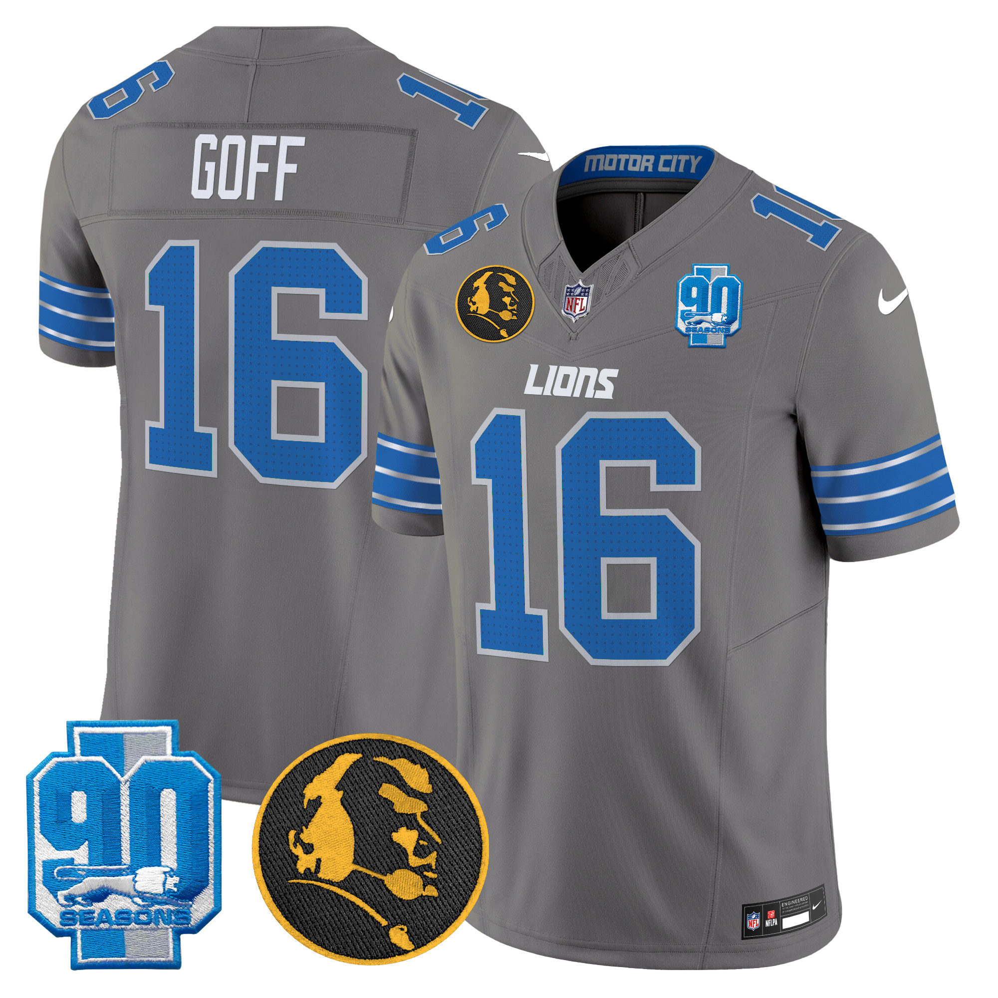 Jared Goff Men's Detroit Lions 2024 90th & John Madden Patch Vapor Limited Gray Jersey - All Stitched