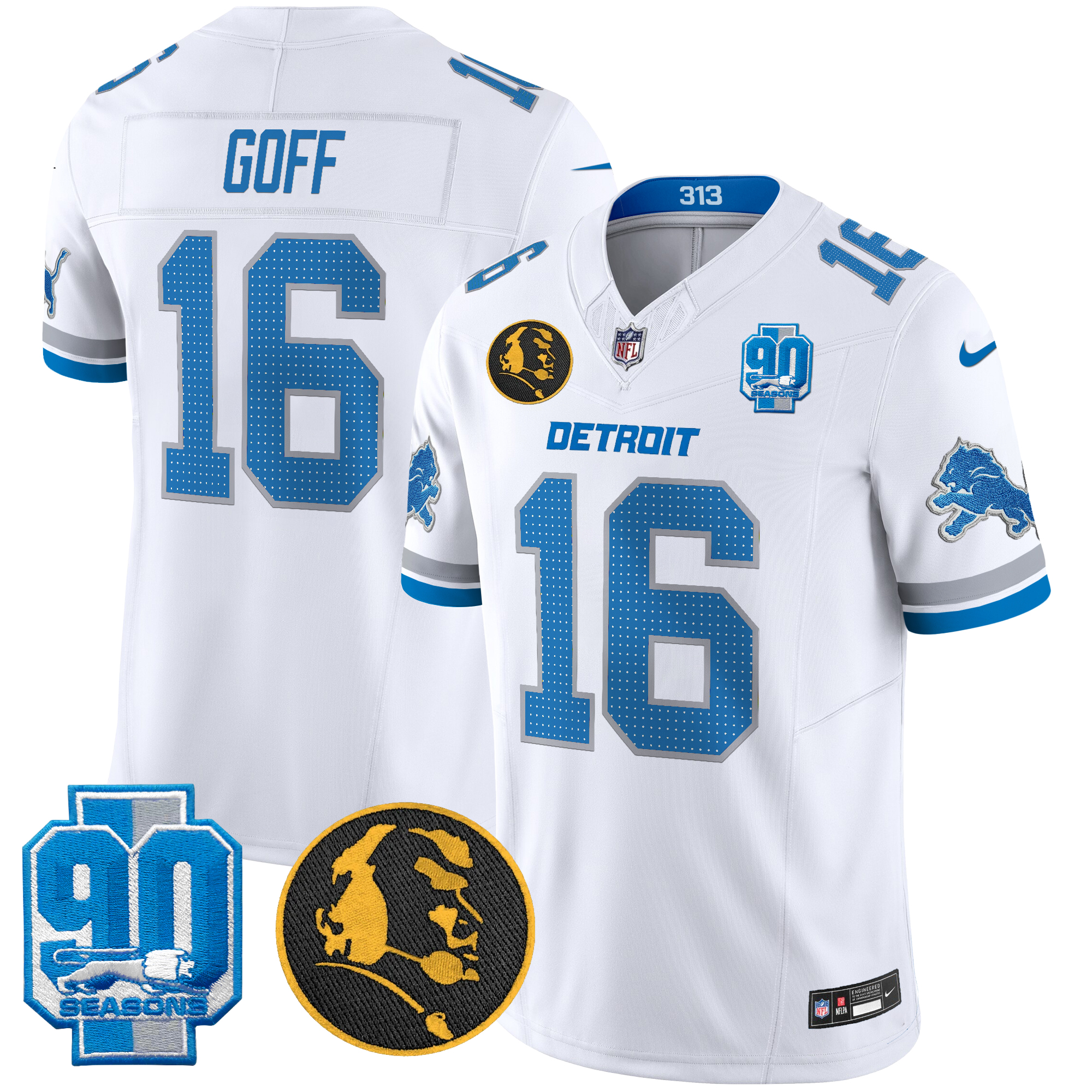 Jared Goff Men's Detroit Lions 2024 90th & John Madden Patch Vapor Limited White Jersey - All Stitched