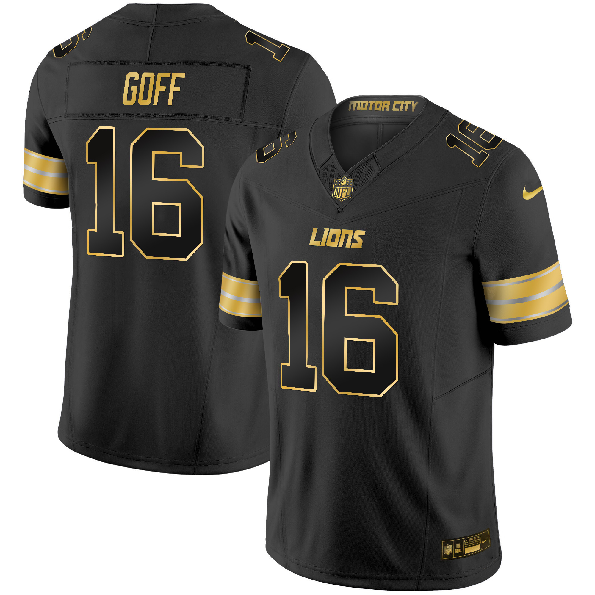 Jared Goff Men's Detroit Lions 2024 Gold Vapor Limited Black Gold Jersey - All Stitched