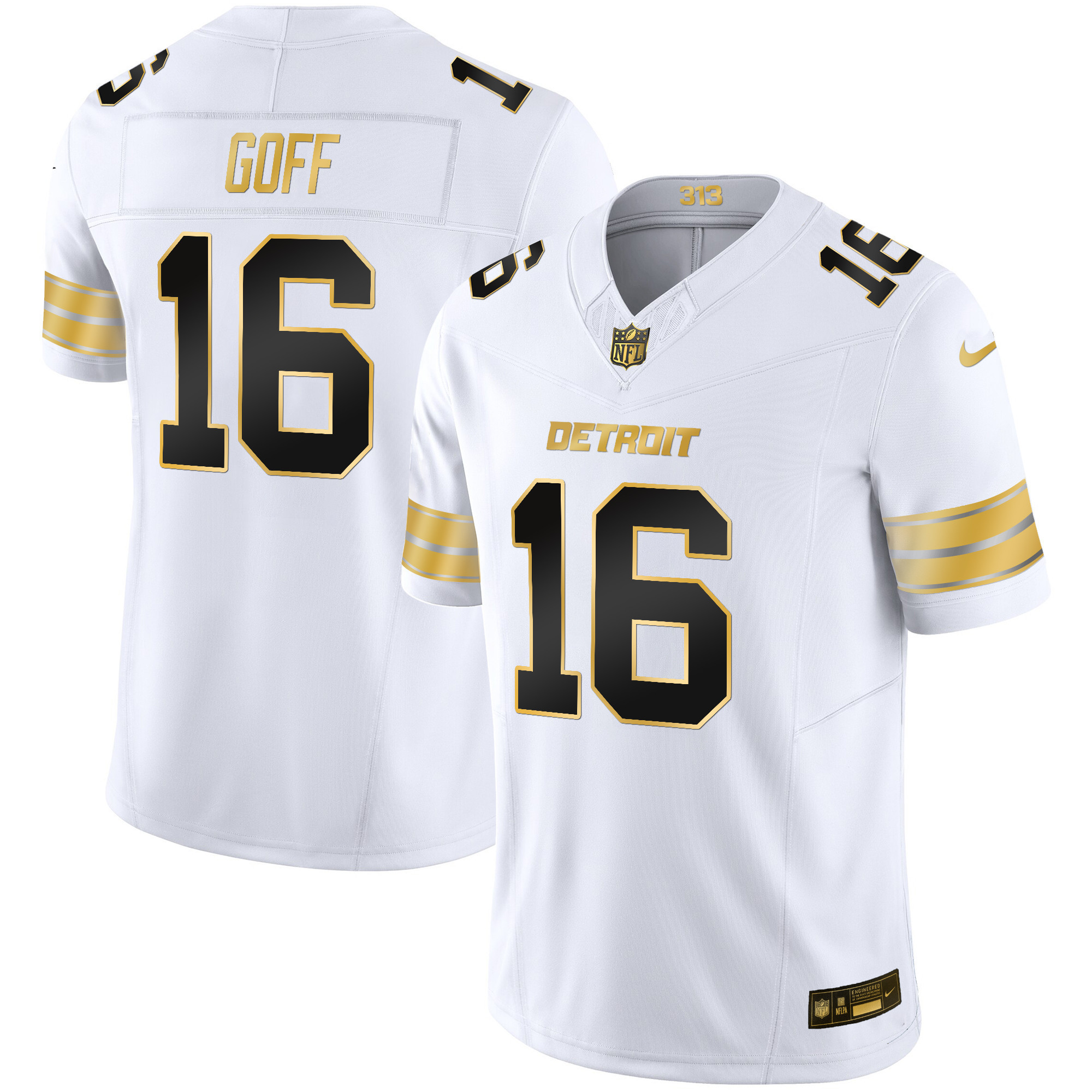 Jared Goff Men's Detroit Lions 2024 Gold Vapor Limited White Gold Jersey - All Stitched