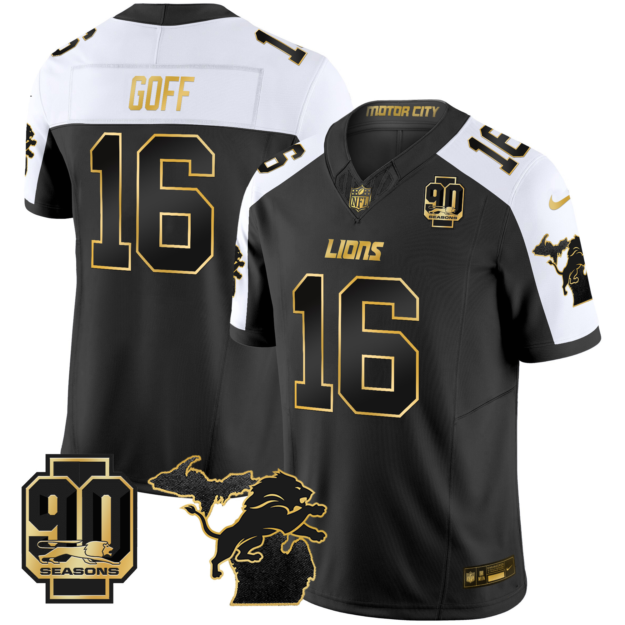 Jared Goff Men's Detroit Lions 2024 Michigan & 90th Season Patch Gold Vapor Limited Alternate Jersey - All Stitched