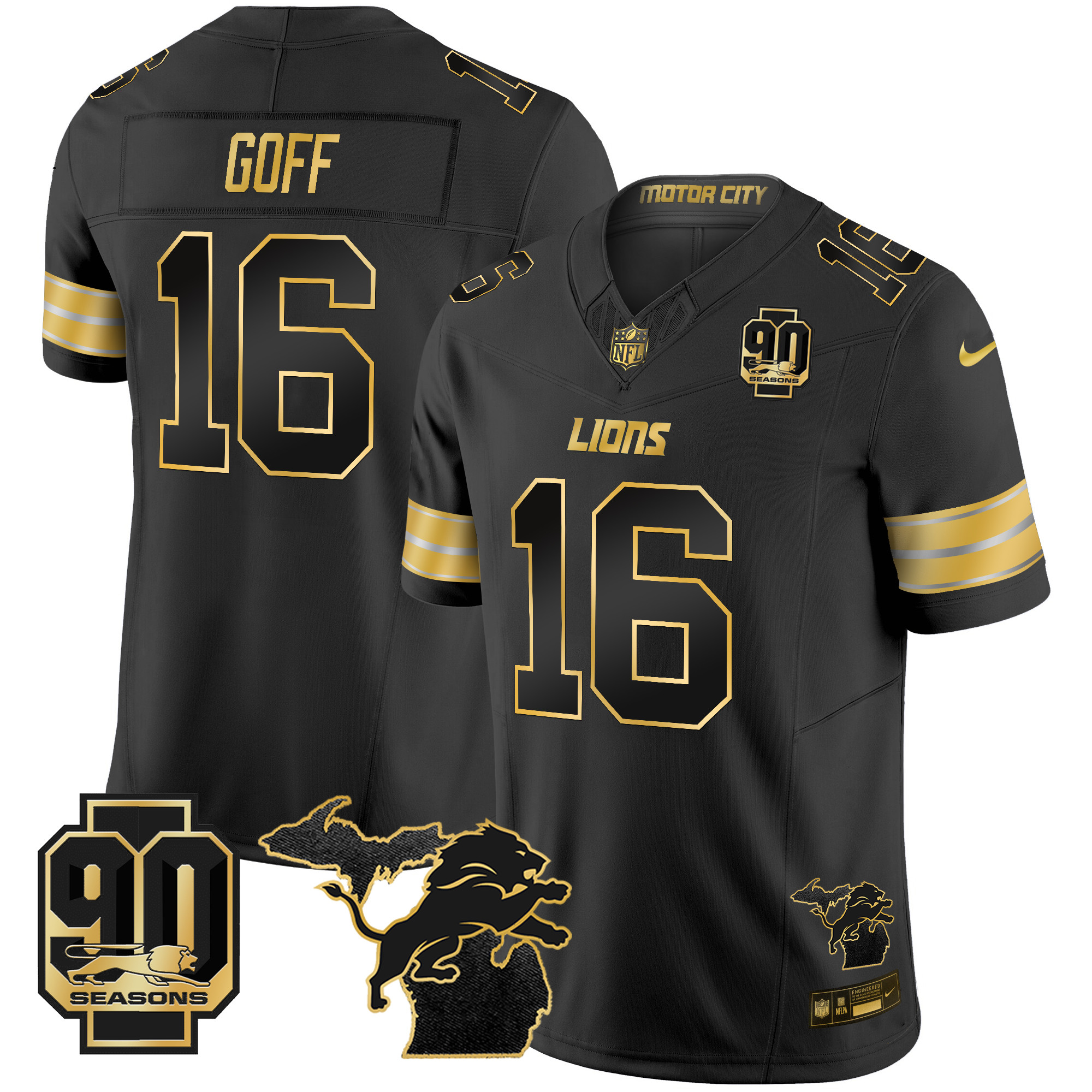 Jared Goff Men's Detroit Lions 2024 Michigan & 90th Season Patch Gold Vapor Limited Black Gold Jersey - All Stitched