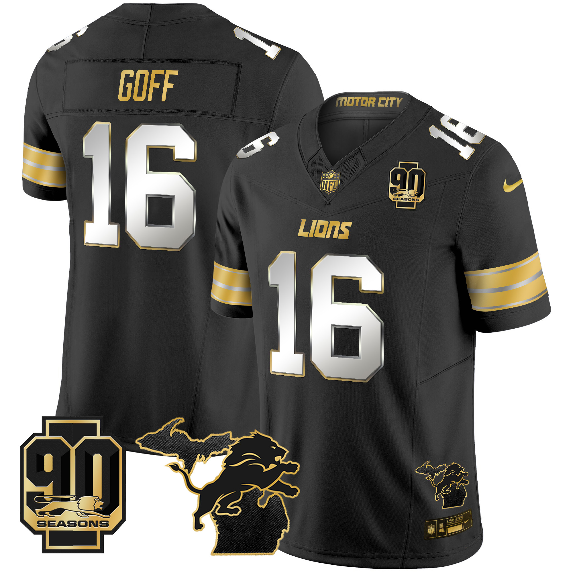 Jared Goff Men's Detroit Lions 2024 Michigan & 90th Season Patch Gold Vapor Limited Black Limited Jersey - All Stitched