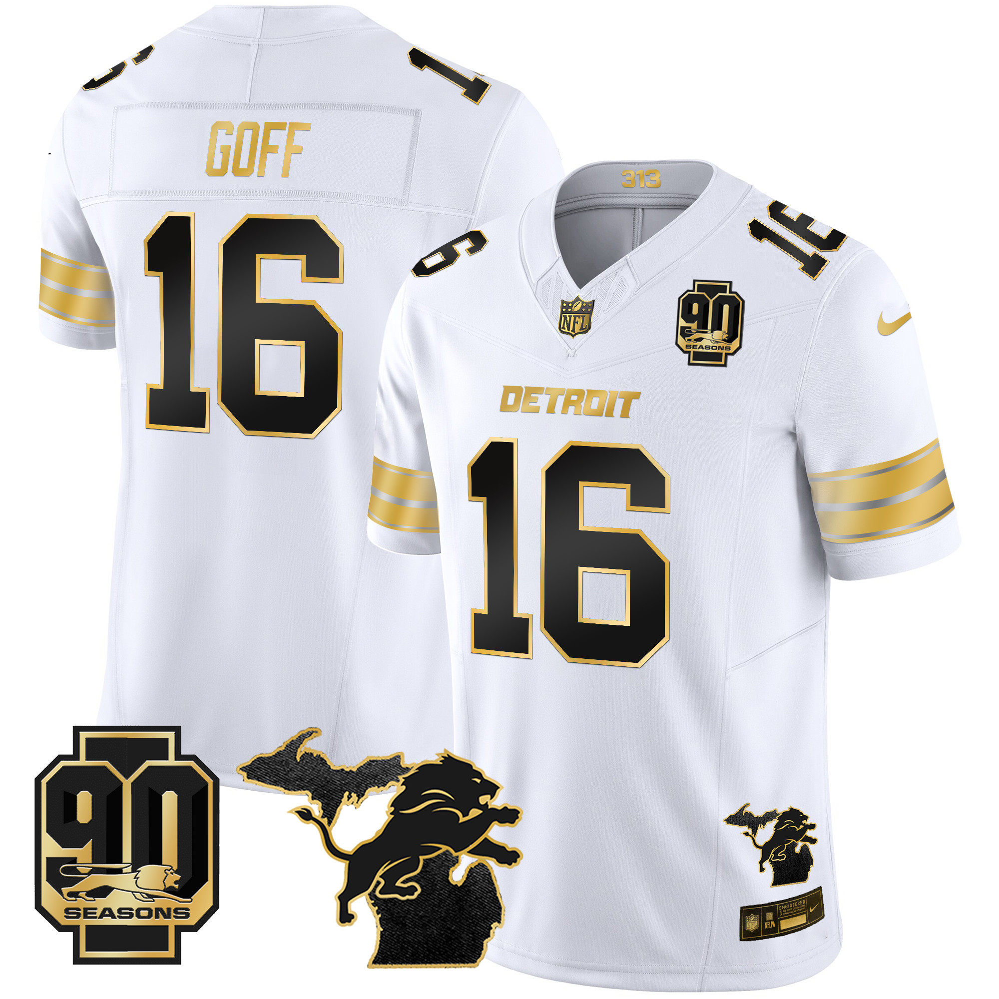 Jared Goff Men's Detroit Lions 2024 Michigan & 90th Season Patch Gold Vapor Limited White Gold Jersey - All Stitched