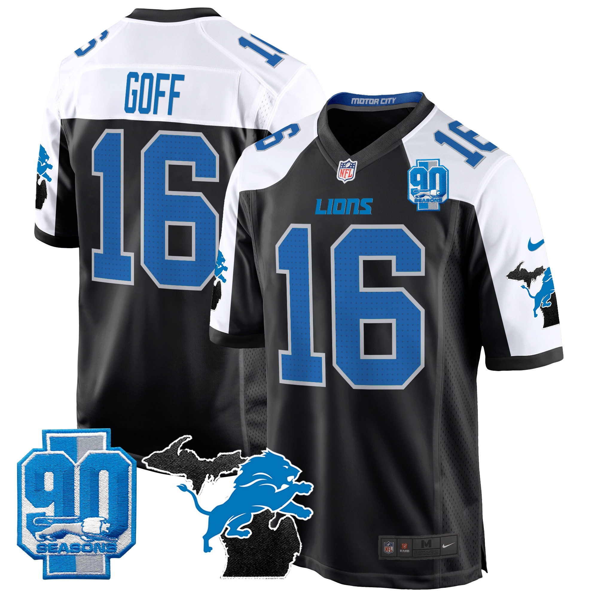 Jared Goff Men's Detroit Lions 2024 Michigan & 90th Year Patch Game Alternate Jersey - All Stitched
