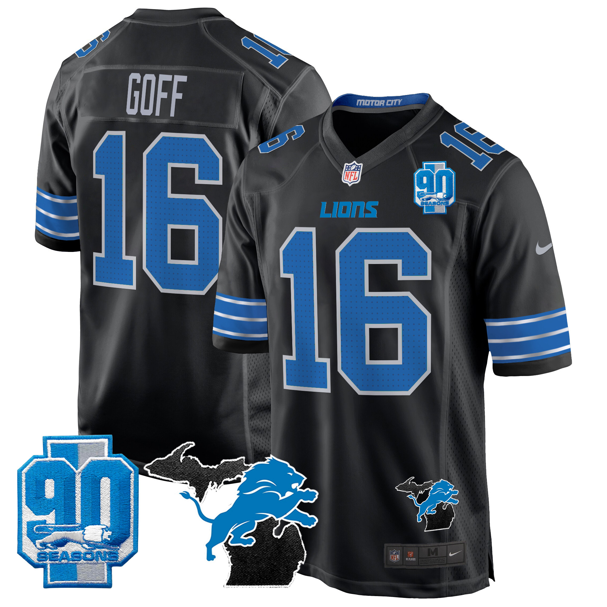Jared Goff Men's Detroit Lions 2024 Michigan & 90th Year Patch Game Black Jersey - All Stitched