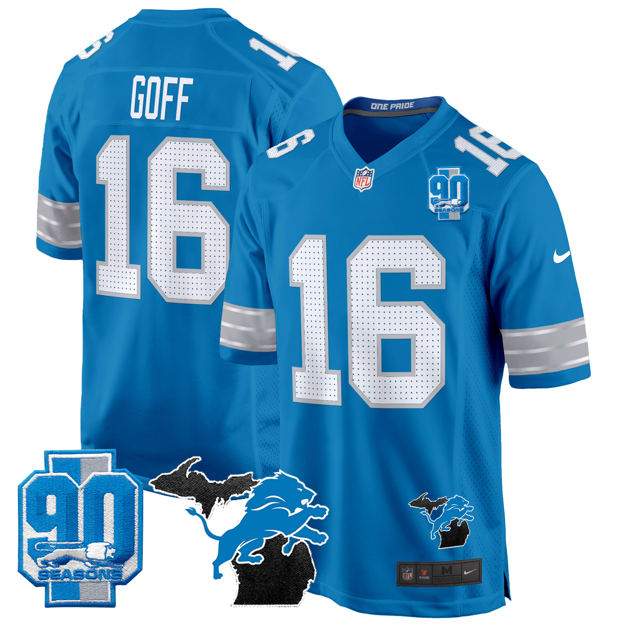 Jared Goff Men's Detroit Lions 2024 Michigan & 90th Year Patch Game Blue Jersey - All Stitched