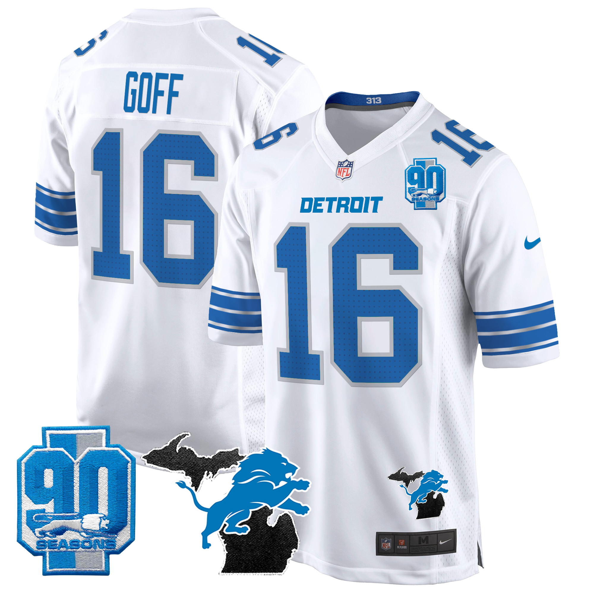 Jared Goff Men's Detroit Lions 2024 Michigan & 90th Year Patch Game White Jersey - All Stitched