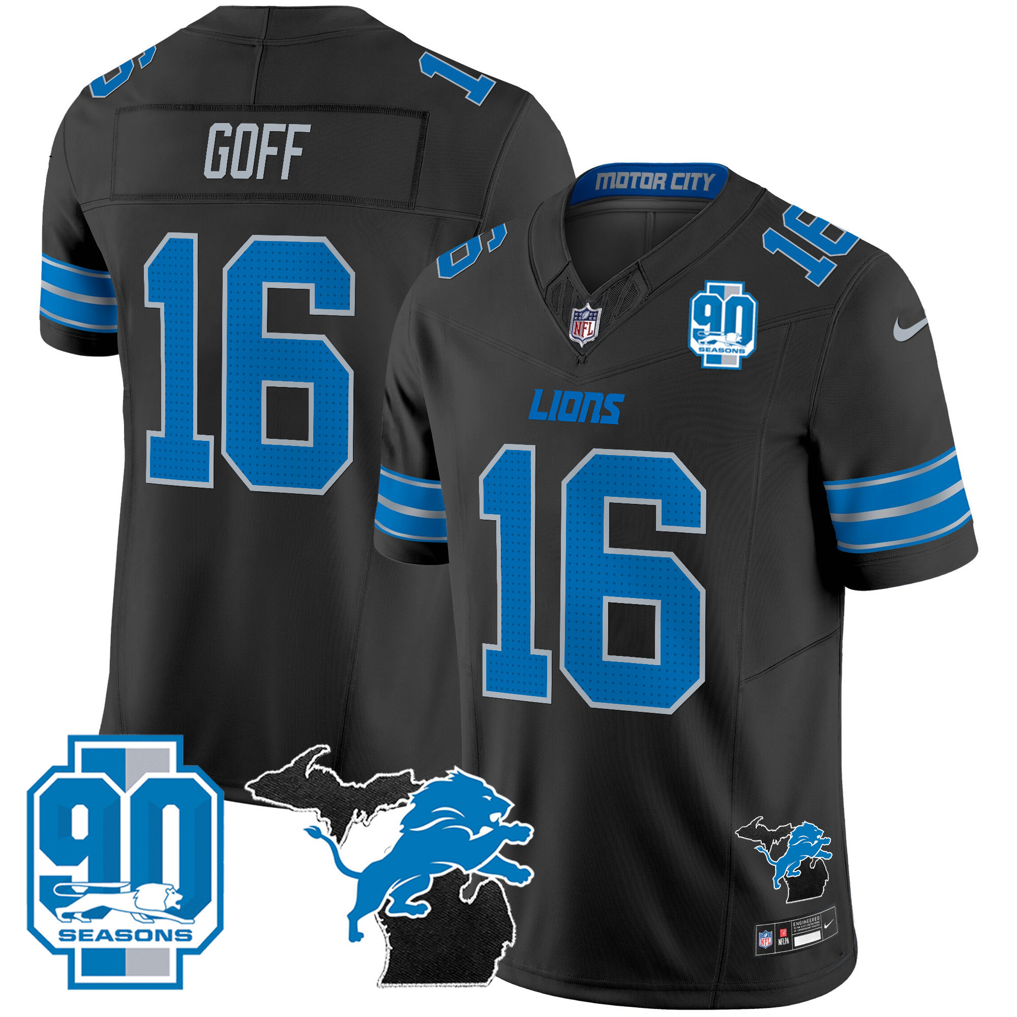 Jared Goff Men's Detroit Lions 2024 Michigan & 90th Year Patch Vapor Black Jersey - All Stitched