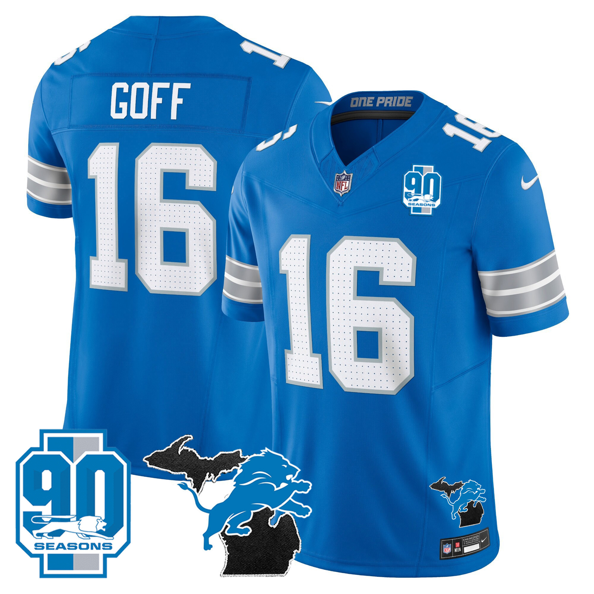 Jared Goff Men's Detroit Lions 2024 Michigan & 90th Year Patch Vapor Blue Jersey - All Stitched