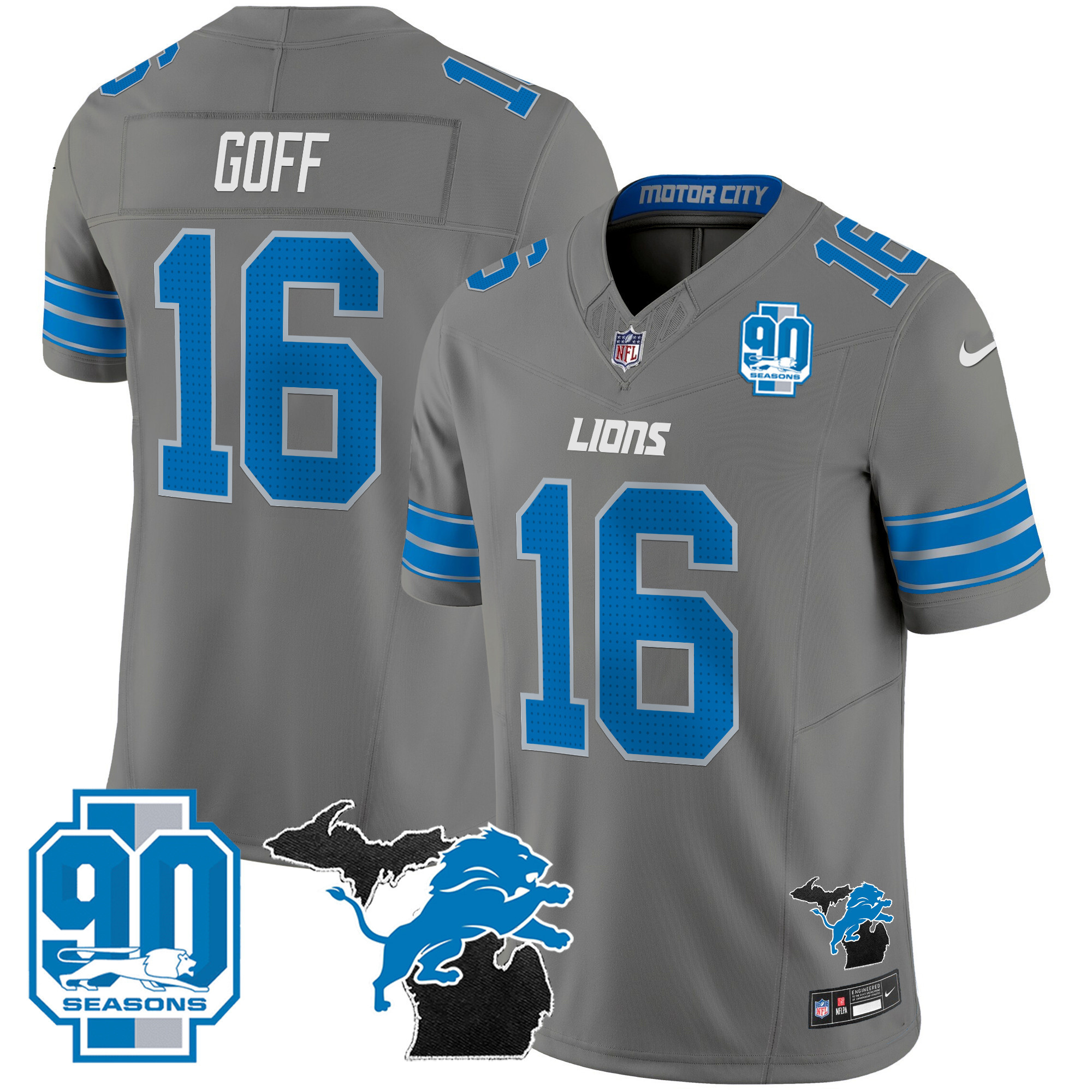 Jared Goff Men's Detroit Lions 2024 Michigan & 90th Year Patch Vapor Gray Jersey - All Stitched