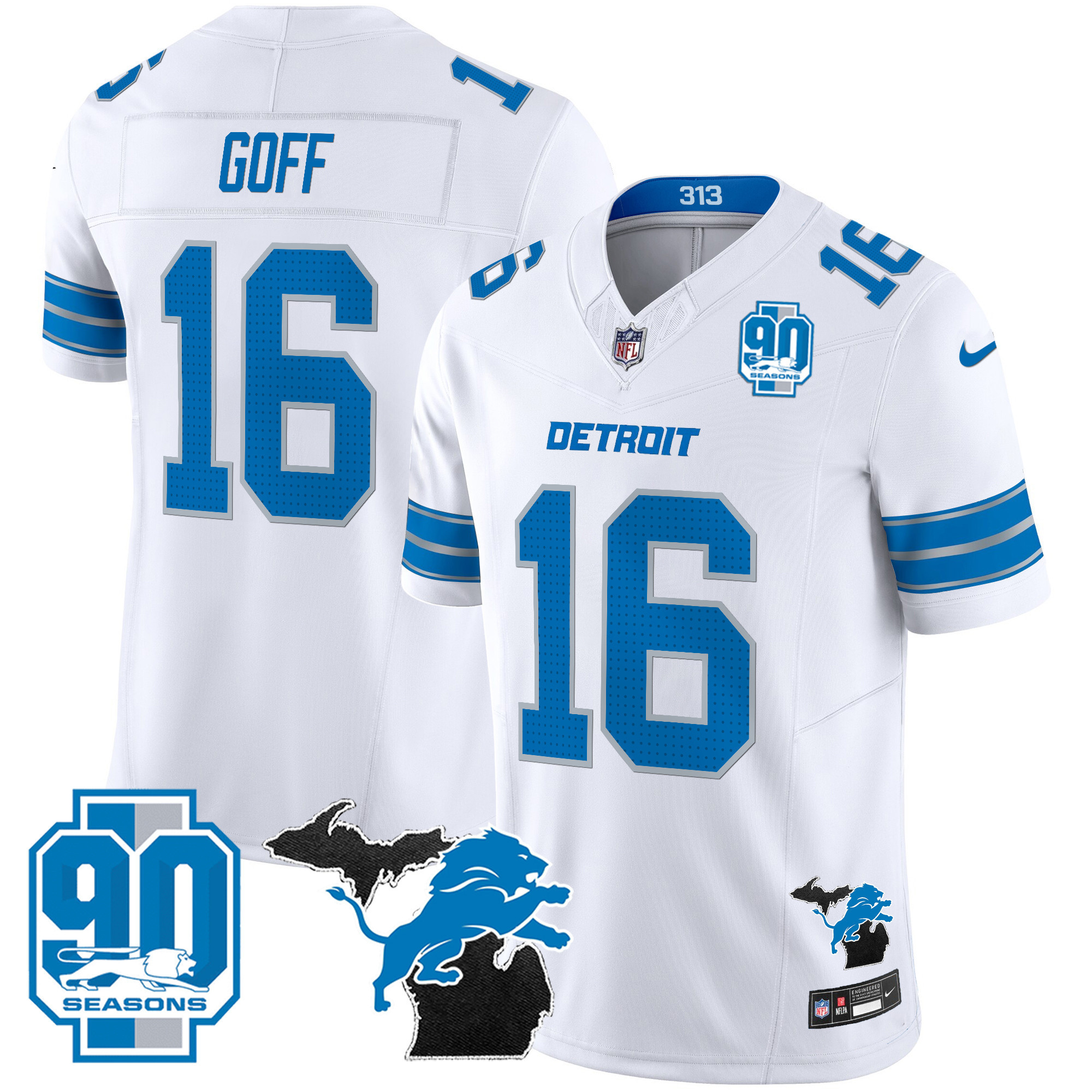 Jared Goff Men's Detroit Lions 2024 Michigan & 90th Year Patch Vapor White Jersey - All Stitched