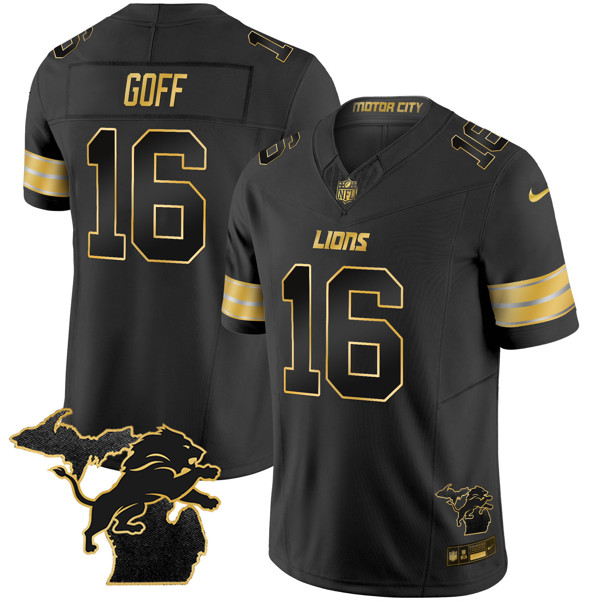 Jared Goff Men's Detroit Lions 2024 Michigan Patch Gold Vapor Black Gold Jersey - All Stitched