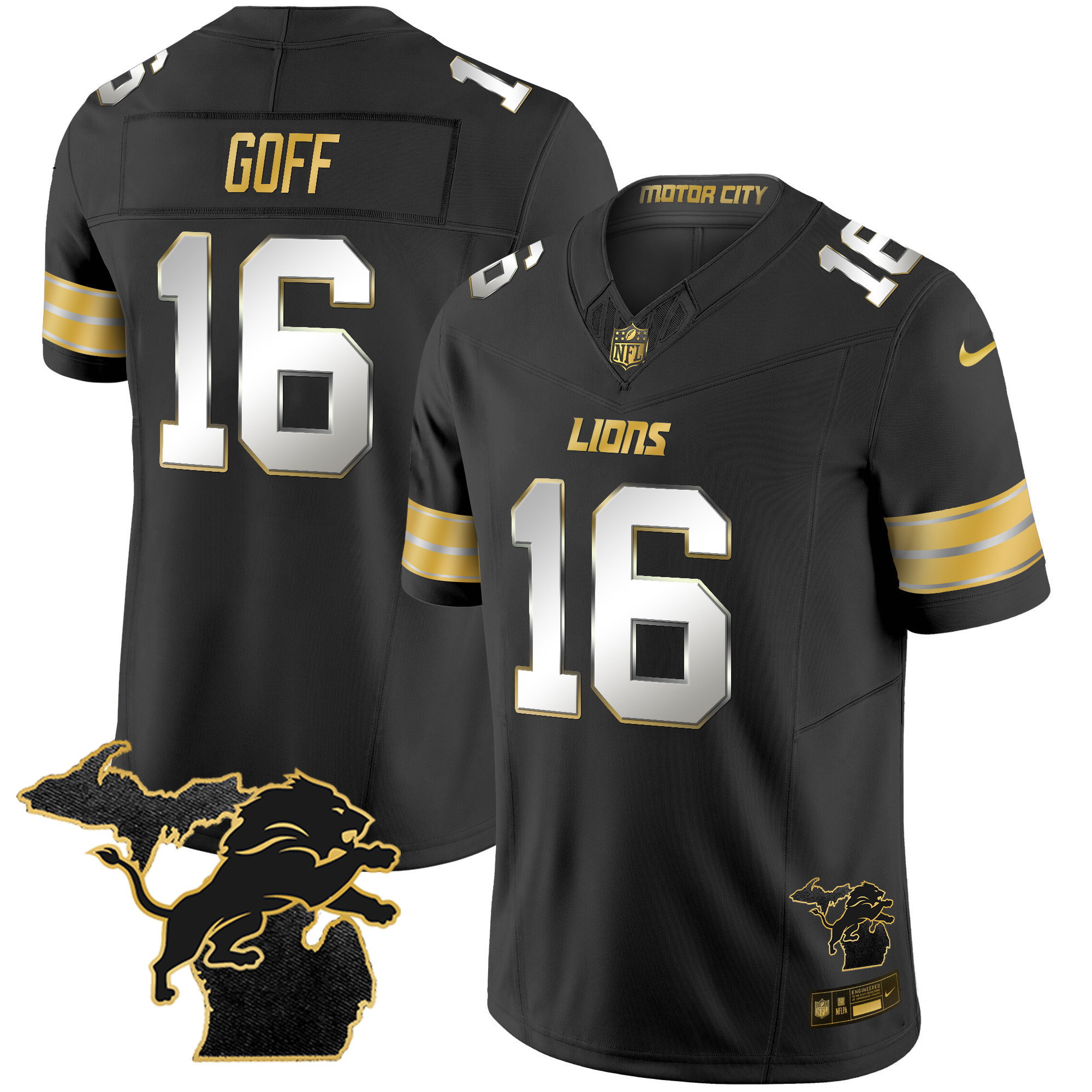 Jared Goff Men's Detroit Lions 2024 Michigan Patch Gold Vapor Black Limited Jersey - All Stitched