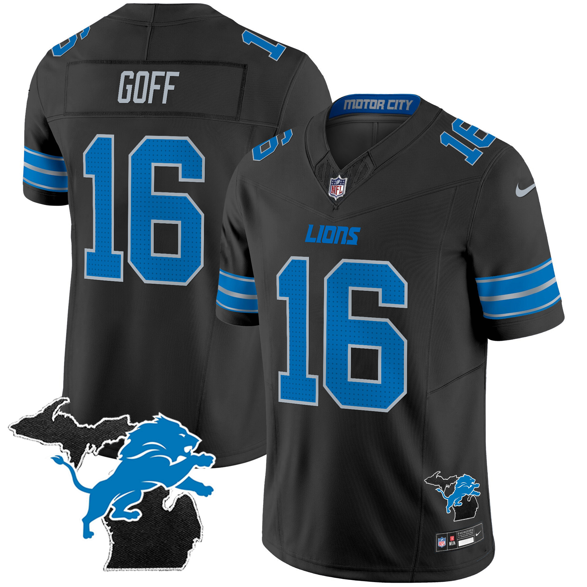 Jared Goff Men's Detroit Lions 2024 Michigan Patch Vapor Limited Black Jersey - All Stitched