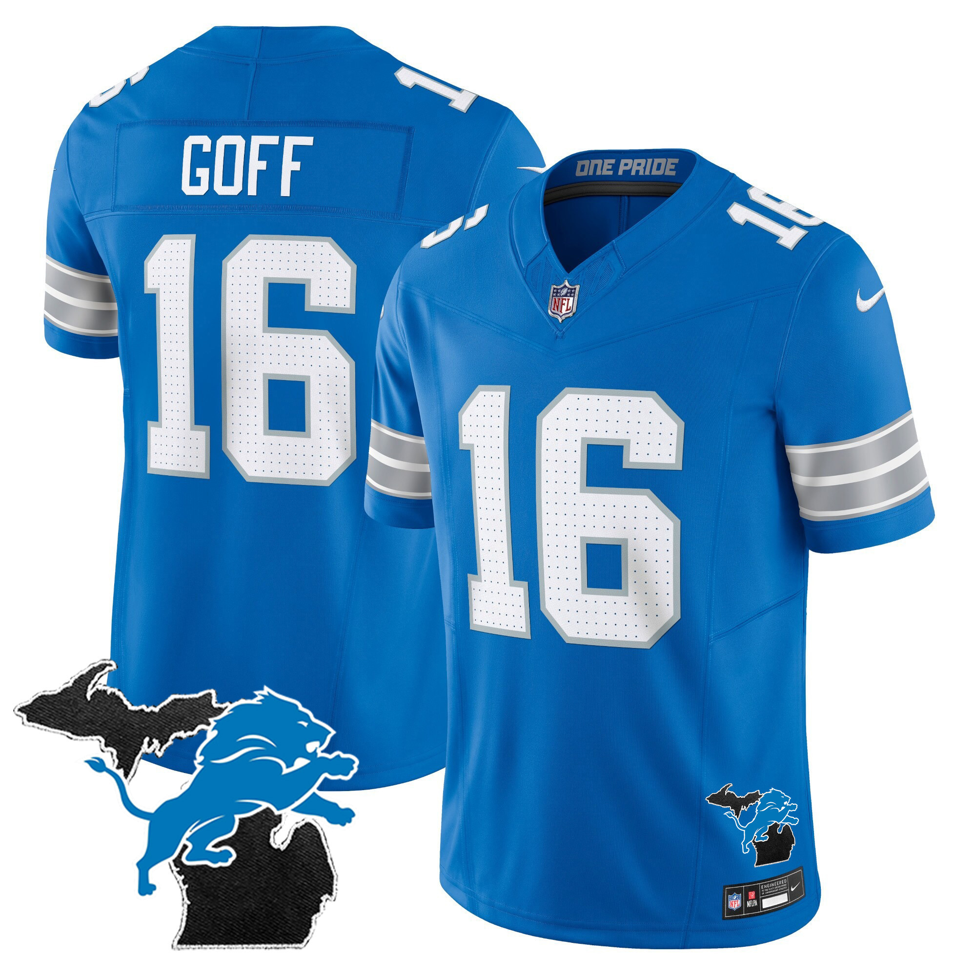 Jared Goff Men's Detroit Lions 2024 Michigan Patch Vapor Limited Blue Jersey - All Stitched