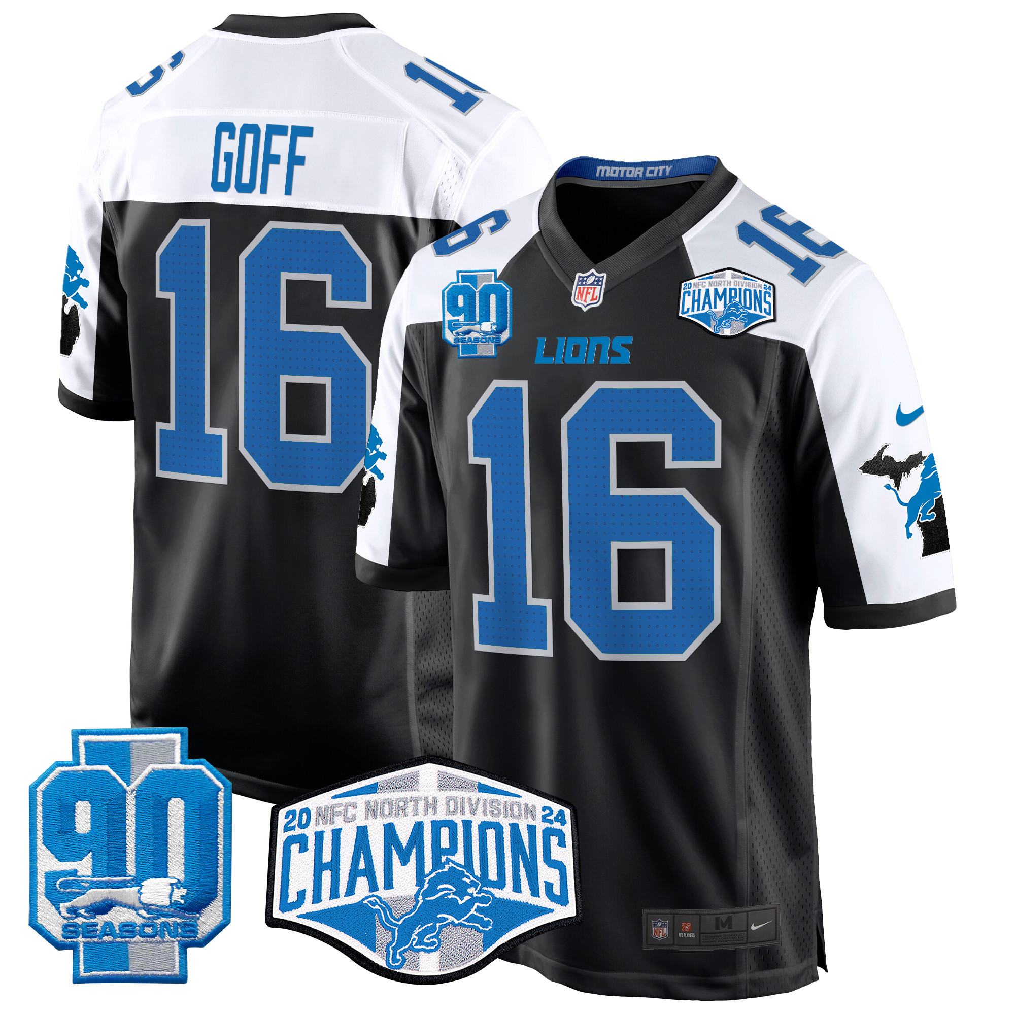 Jared Goff Men's Detroit Lions 2024 NFC North Division Champions Patch Game Black Alternate Jersey - All Stitched