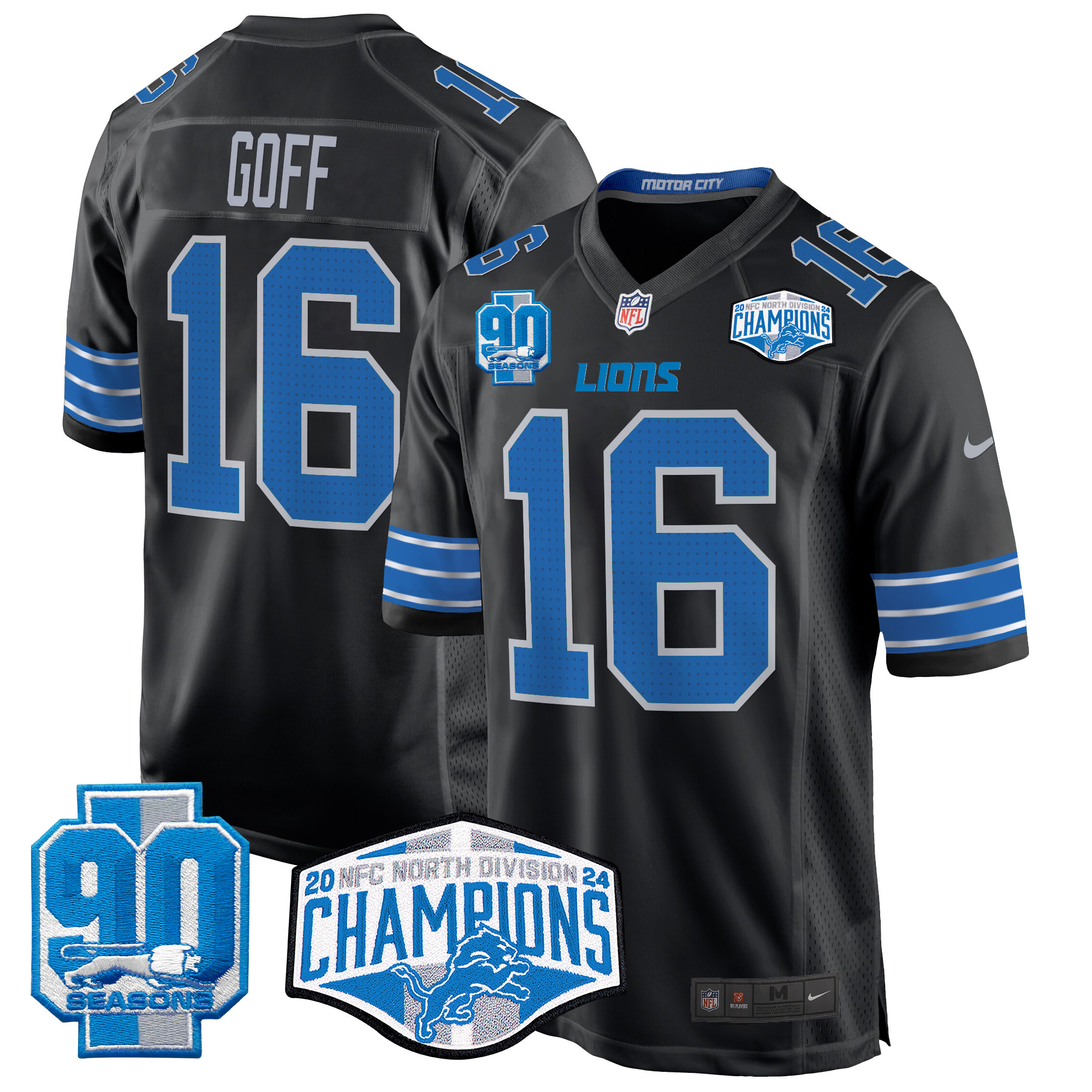 Jared Goff Men's Detroit Lions 2024 NFC North Division Champions Patch Game Black Jersey - All Stitched