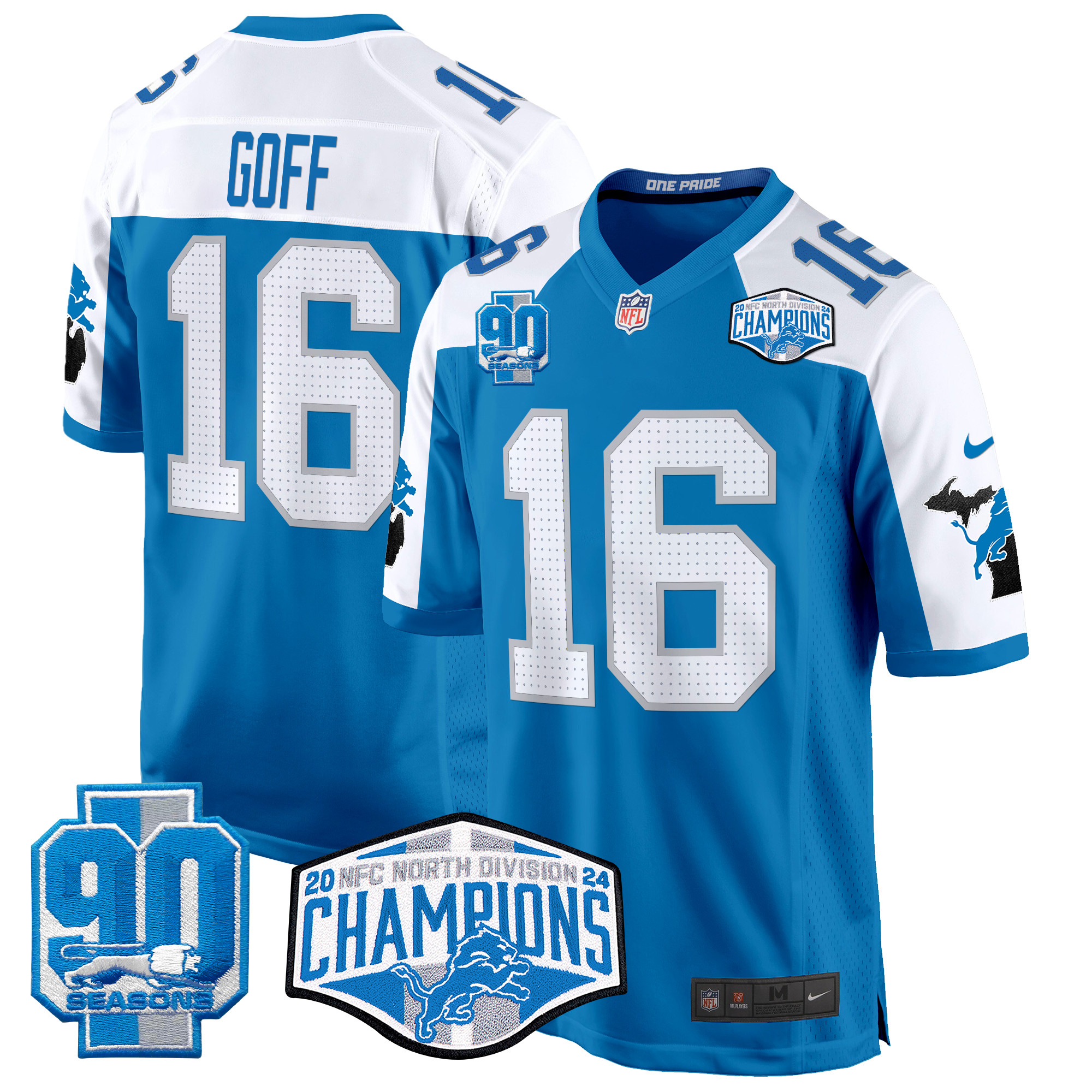 Jared Goff Men's Detroit Lions 2024 NFC North Division Champions Patch Game Blue Alternate Jersey - All Stitched