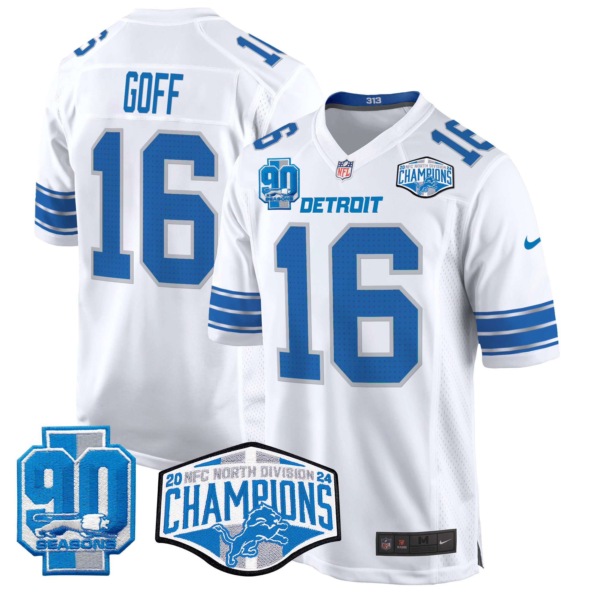 Jared Goff Men's Detroit Lions 2024 NFC North Division Champions Patch Game White Jersey - All Stitched