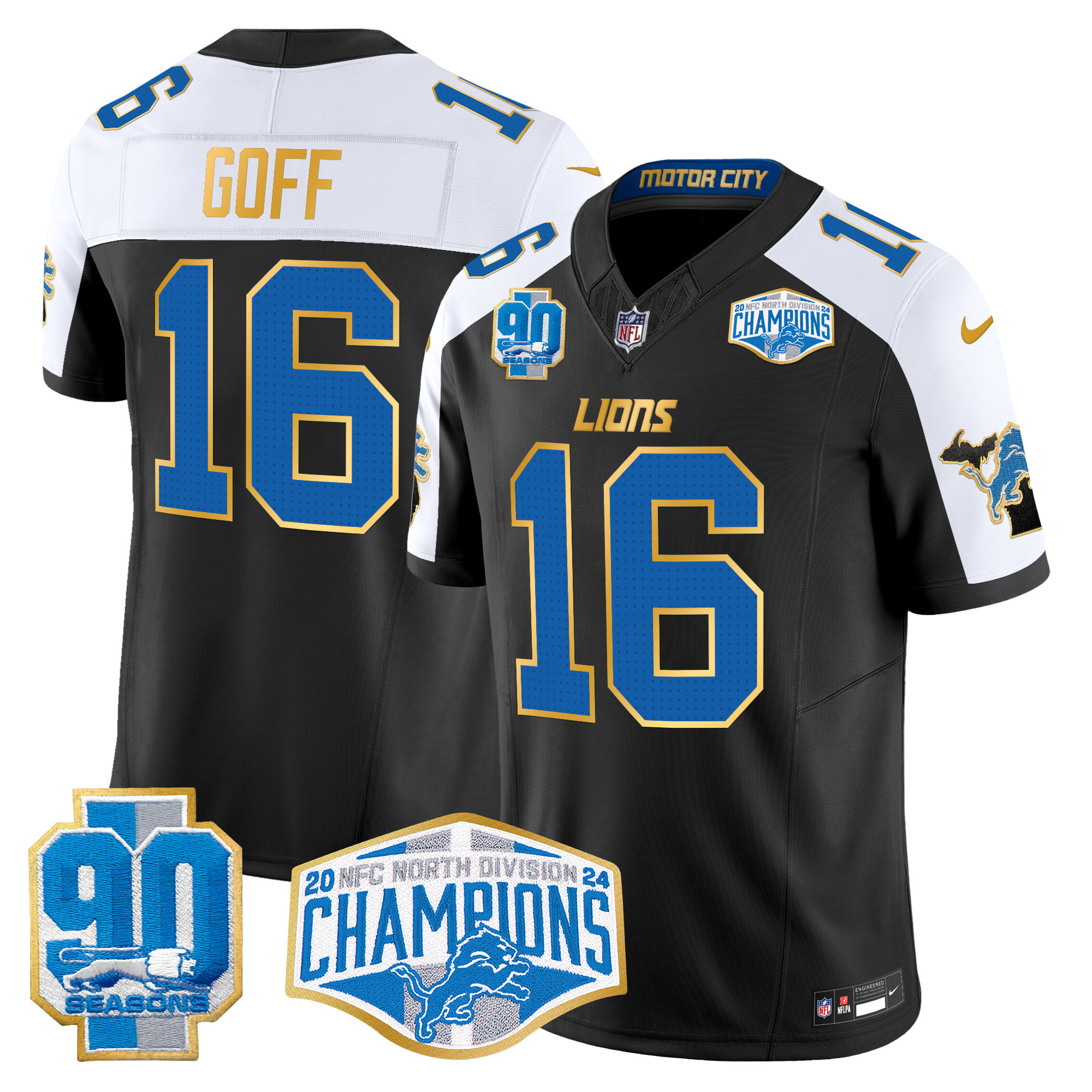 Jared Goff Men's Detroit Lions 2024 NFC North Division Champions Patch Gold Trim Vapor Limited Black Alternate Jersey - All Stitched