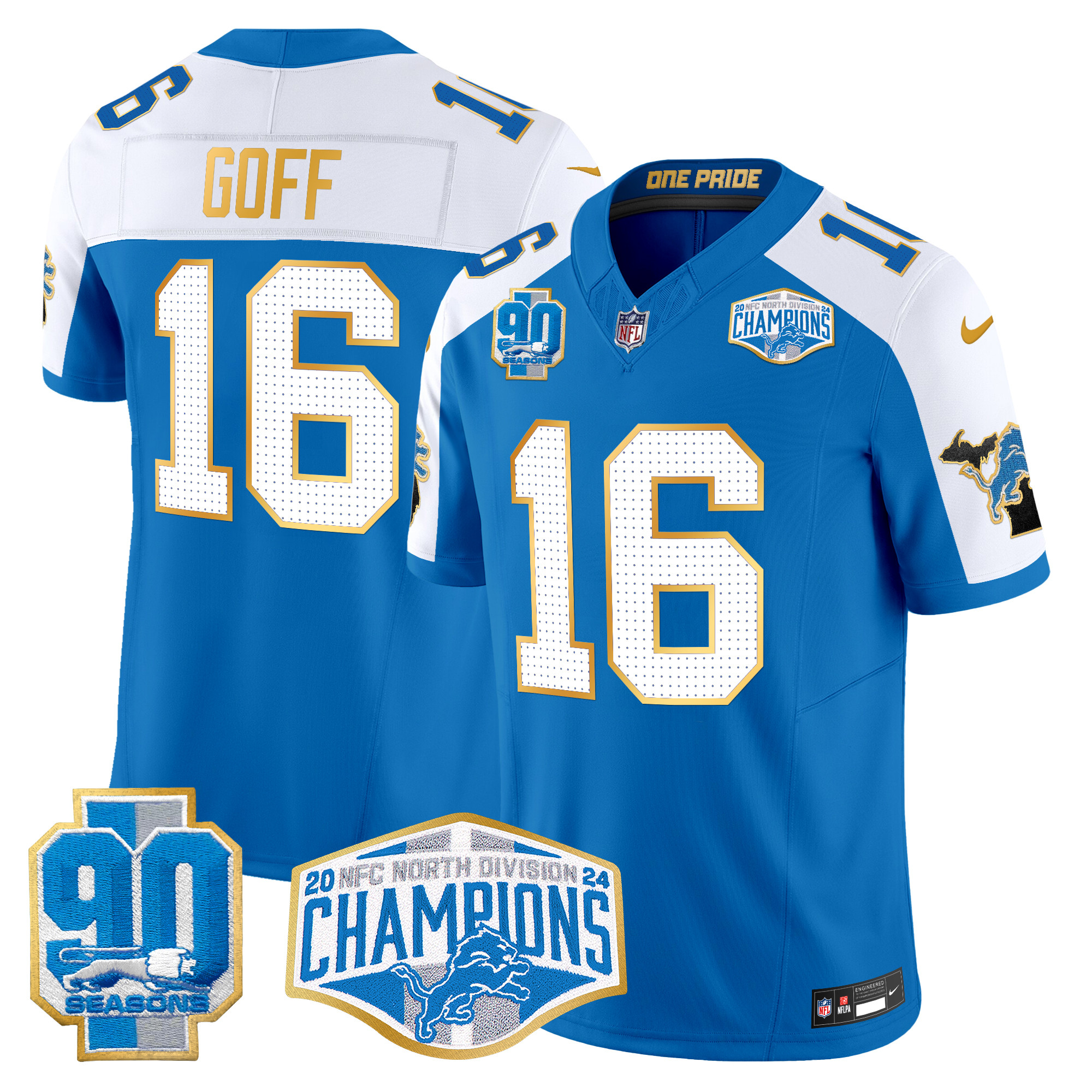 Jared Goff Men's Detroit Lions 2024 NFC North Division Champions Patch Gold Trim Vapor Limited Blue Alternate Jersey - All Stitched