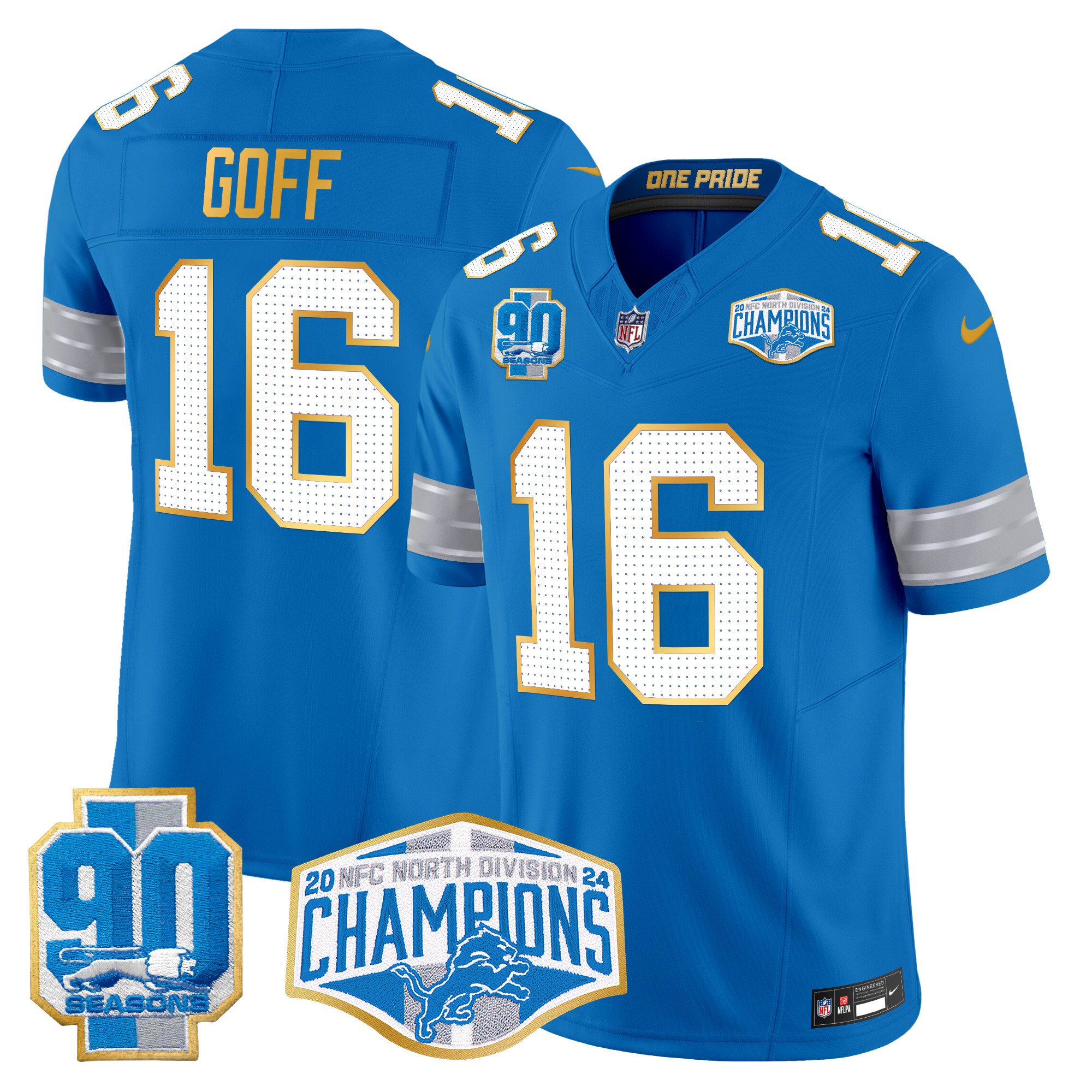 Jared Goff Men's Detroit Lions 2024 NFC North Division Champions Patch Gold Trim Vapor Limited Blue Jersey - All Stitched