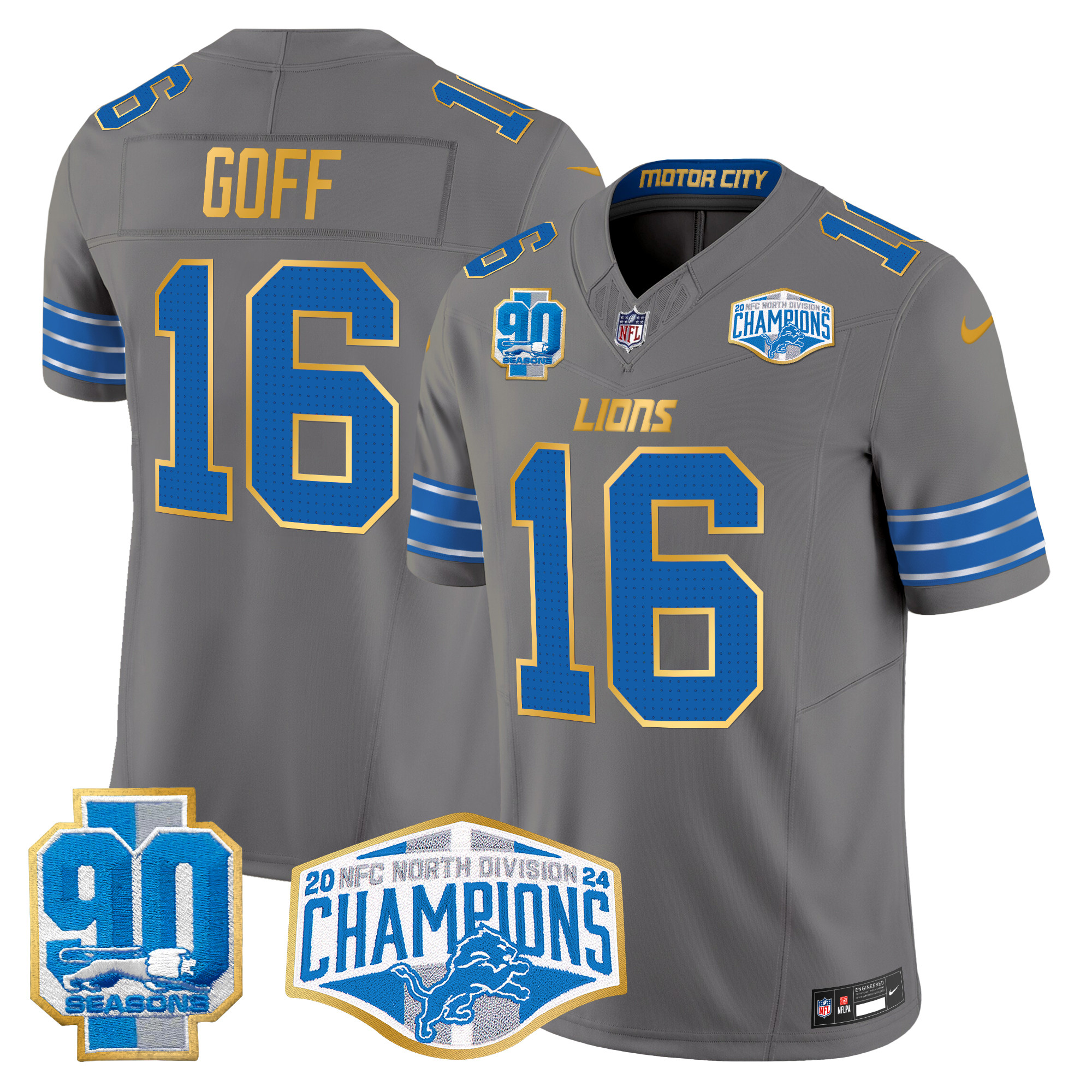 Jared Goff Men's Detroit Lions 2024 NFC North Division Champions Patch Gold Trim Vapor Limited Gray Jersey - All Stitched