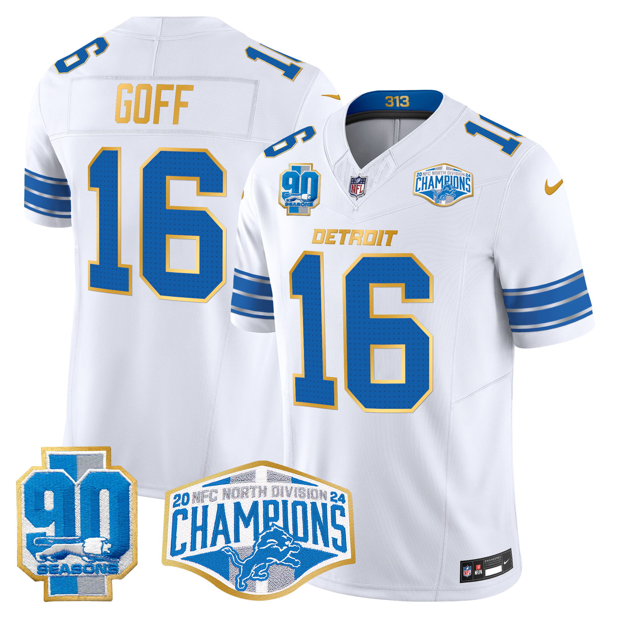 Jared Goff Men's Detroit Lions 2024 NFC North Division Champions Patch Gold Trim Vapor Limited White Jersey - All Stitched