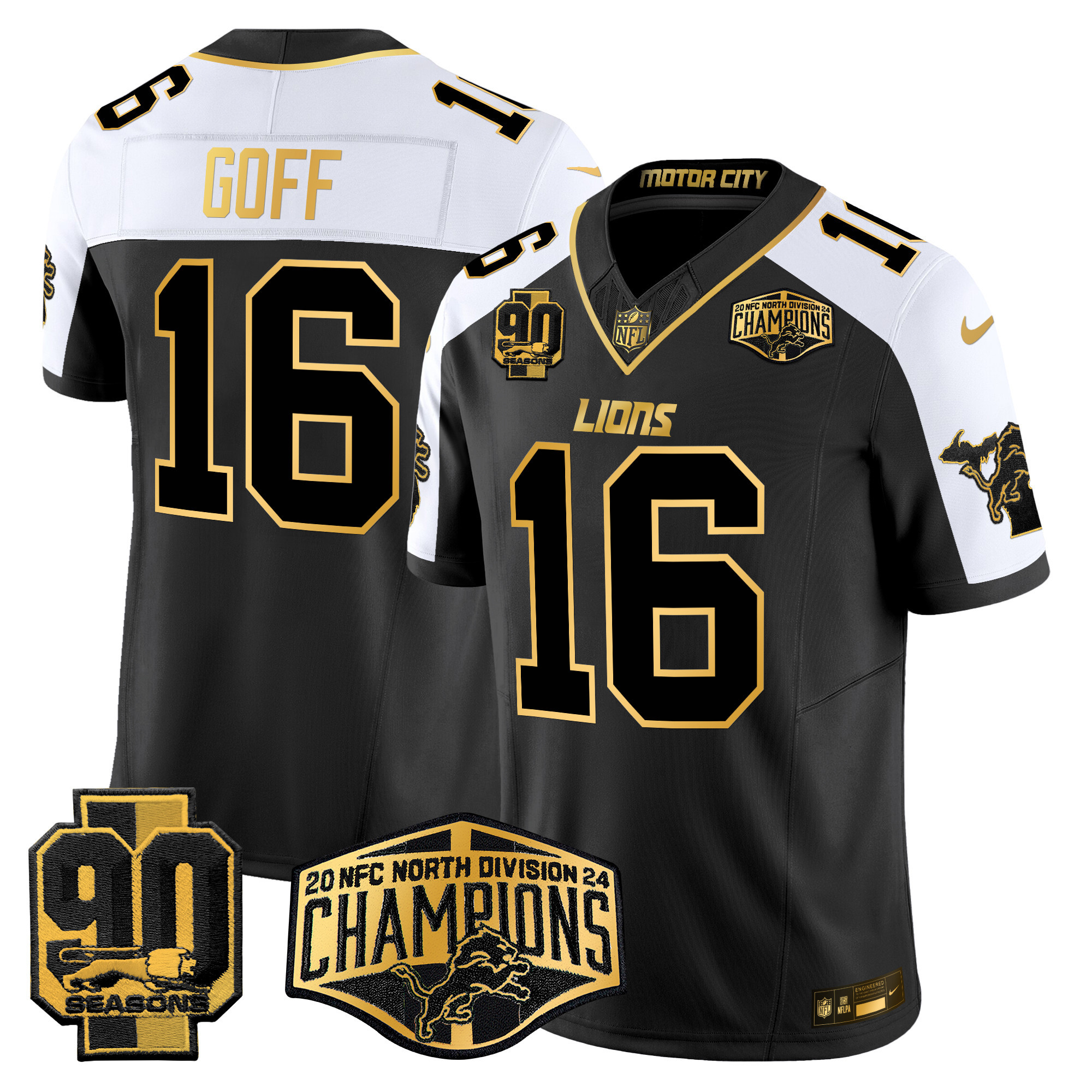 Jared Goff Men's Detroit Lions 2024 NFC North Division Champions Patch Gold Vapor Limited Alternate Jersey - All Stitched