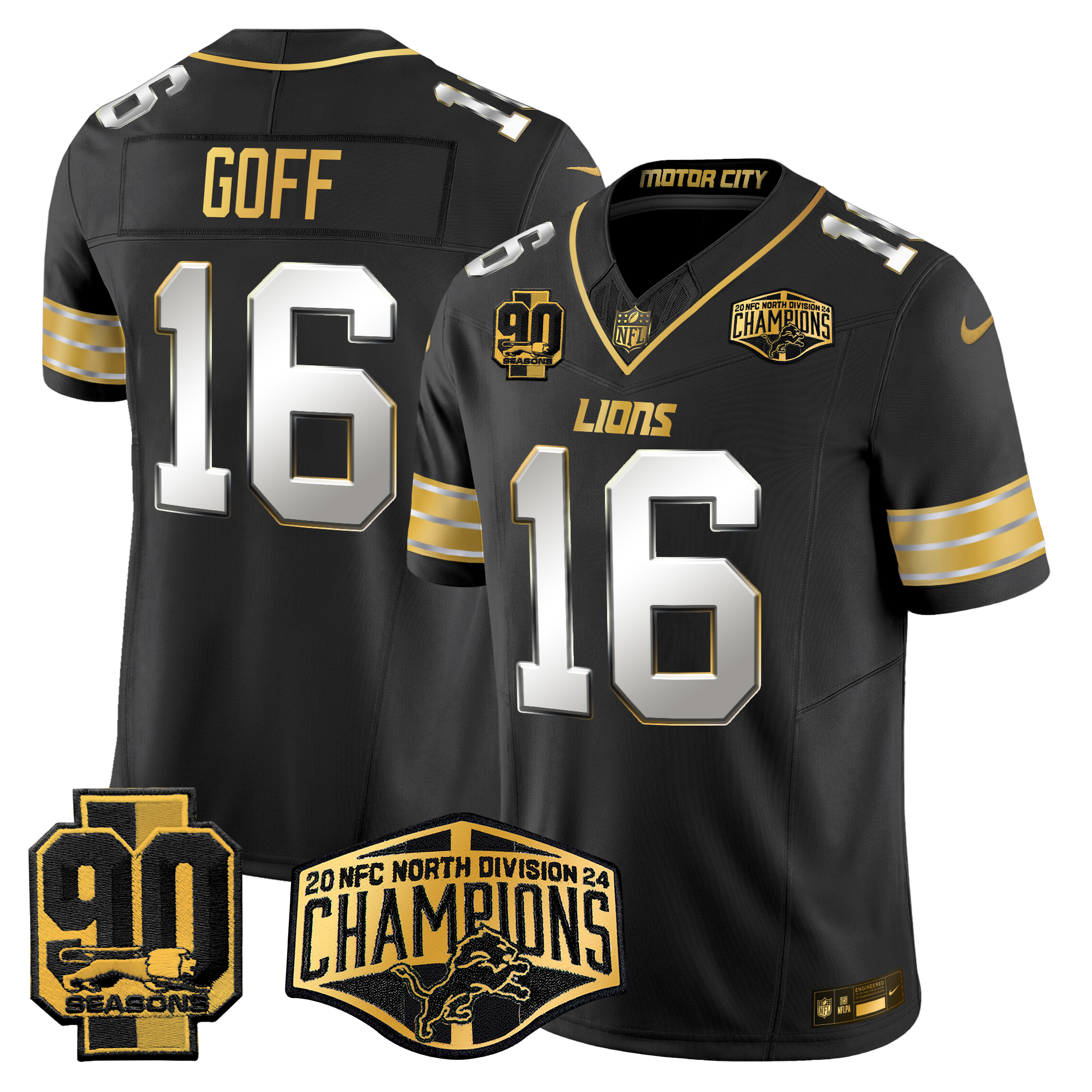 Jared Goff Men's Detroit Lions 2024 NFC North Division Champions Patch Gold Vapor Limited Black Limited Jersey - All Stitched