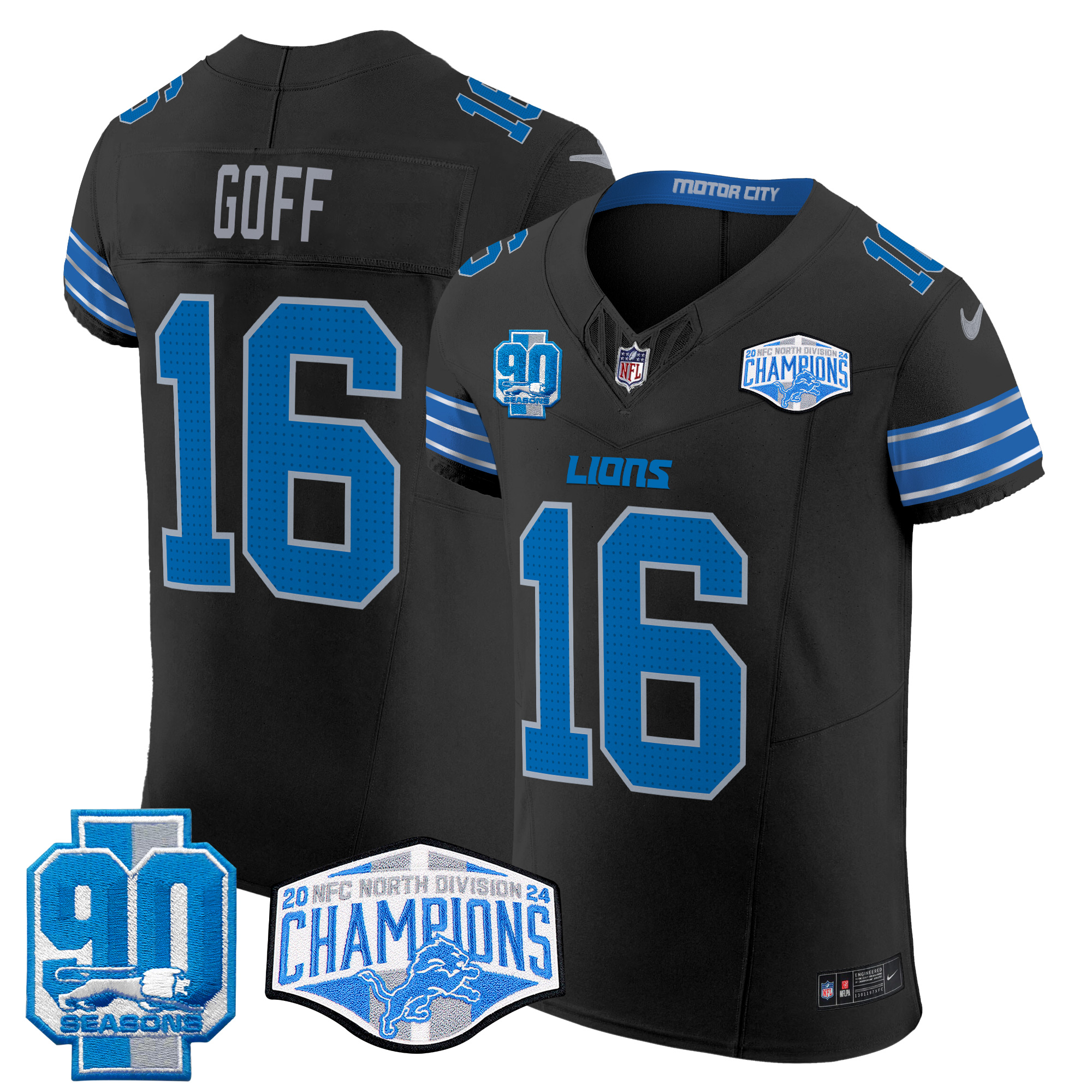 Jared Goff Men's Detroit Lions 2024 NFC North Division Champions Patch Vapor Elite Black Jersey - All Stitched