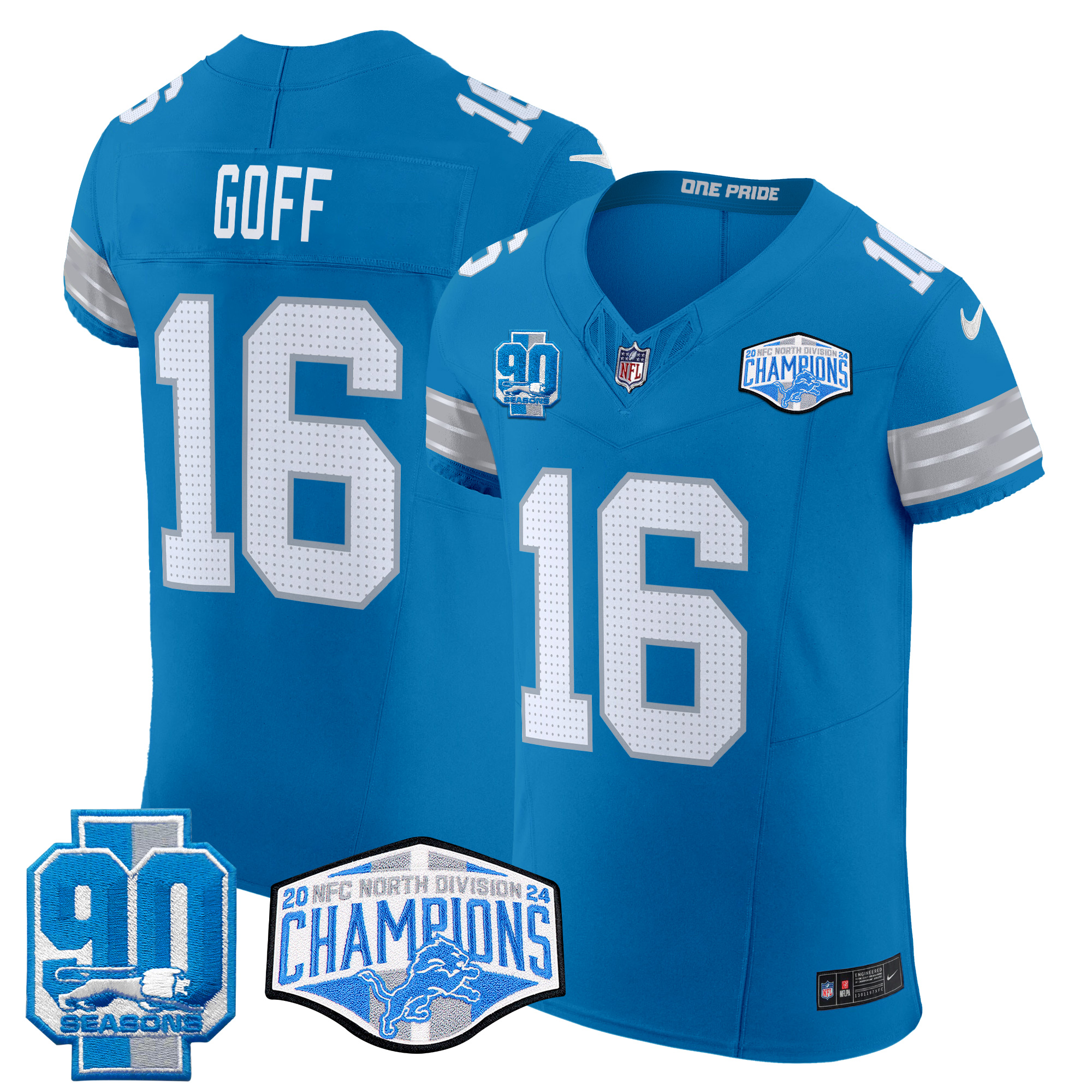 Jared Goff Men's Detroit Lions 2024 NFC North Division Champions Patch Vapor Elite Blue Jersey - All Stitched