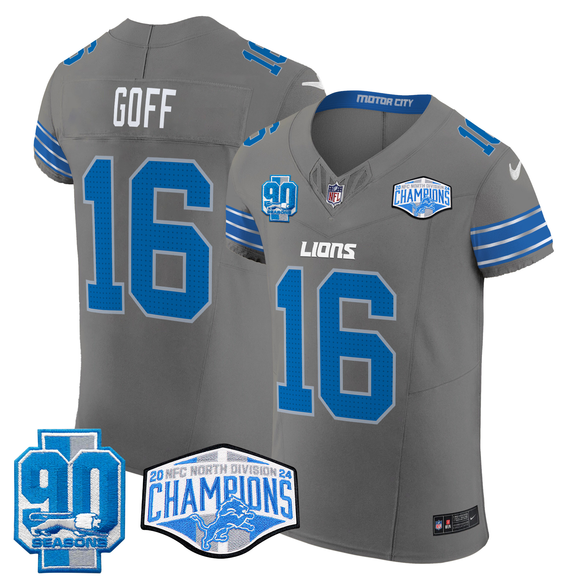 Jared Goff Men's Detroit Lions 2024 NFC North Division Champions Patch Vapor Elite Gray Jersey - All Stitched