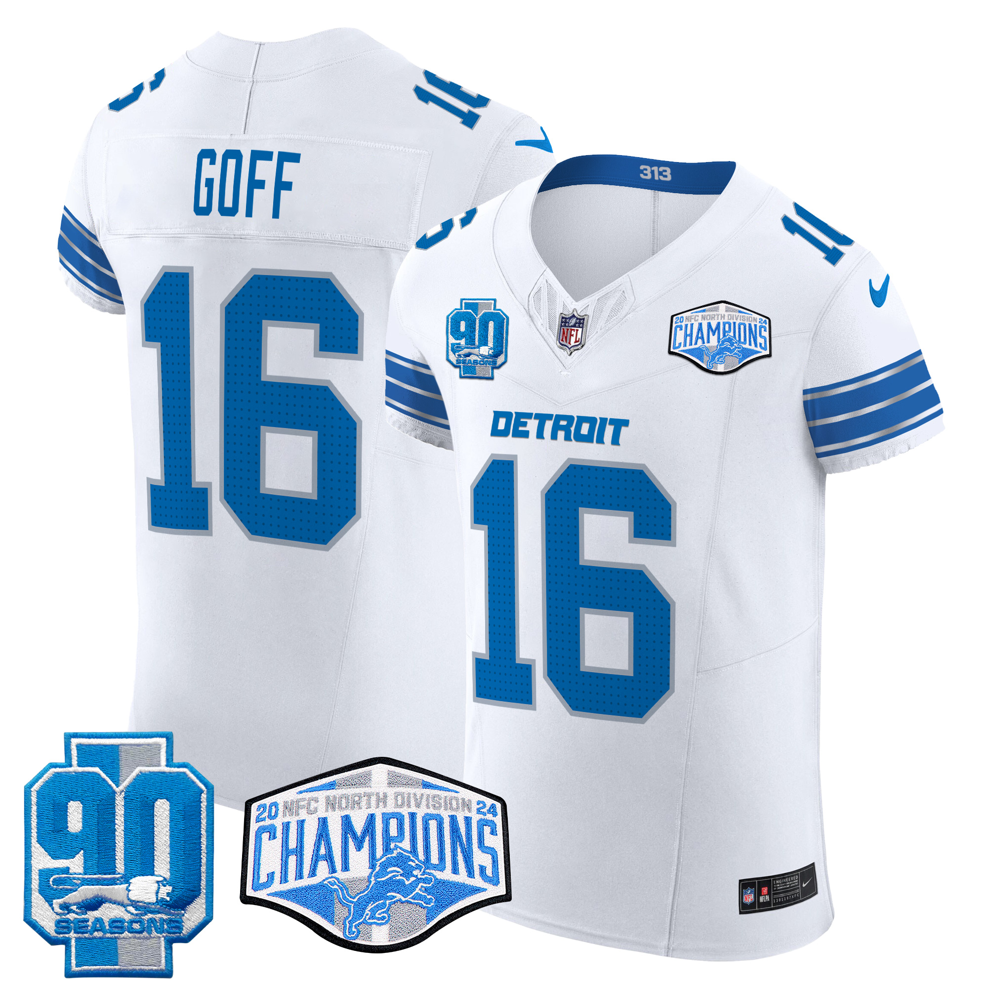 Jared Goff Men's Detroit Lions 2024 NFC North Division Champions Patch Vapor Elite White Jersey - All Stitched