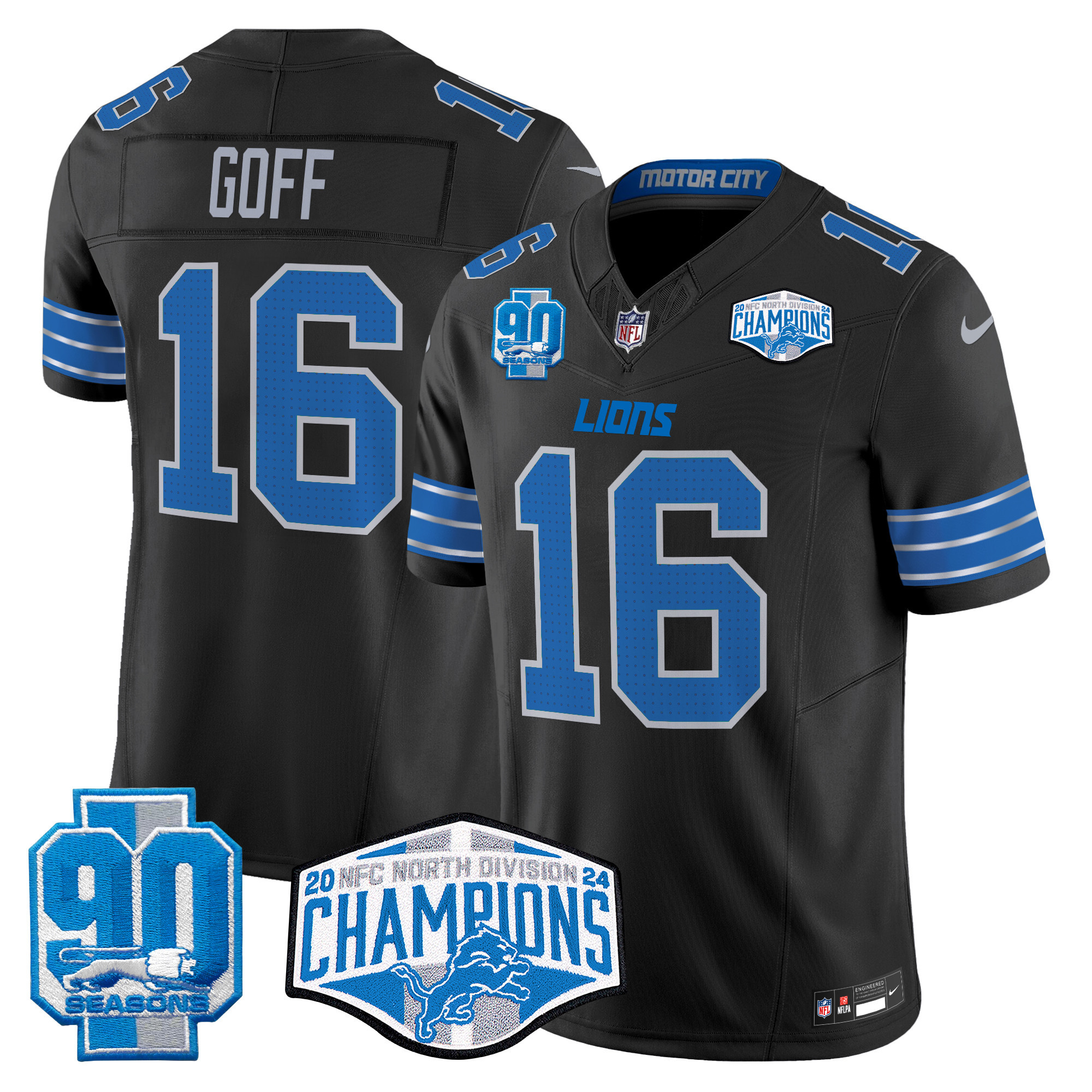 Jared Goff Men's Detroit Lions 2024 NFC North Division Champions Patch Vapor Limited Black Jersey - All Stitched