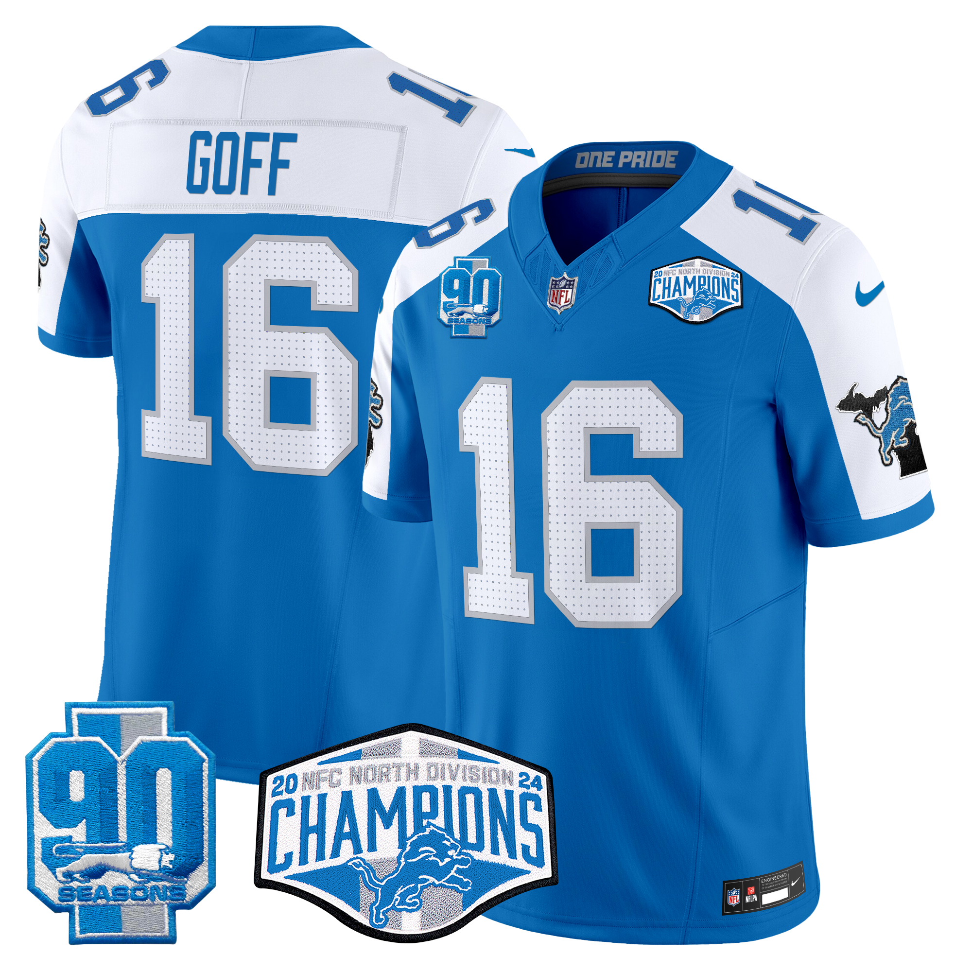 Jared Goff Men's Detroit Lions 2024 NFC North Division Champions Patch Vapor Limited Blue Alternate Jersey - All Stitched