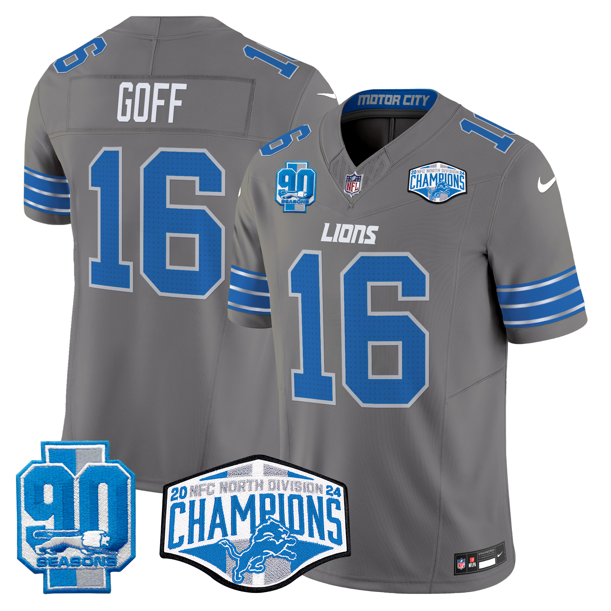 Jared Goff Men's Detroit Lions 2024 NFC North Division Champions Patch Vapor Limited Gray Jersey - All Stitched