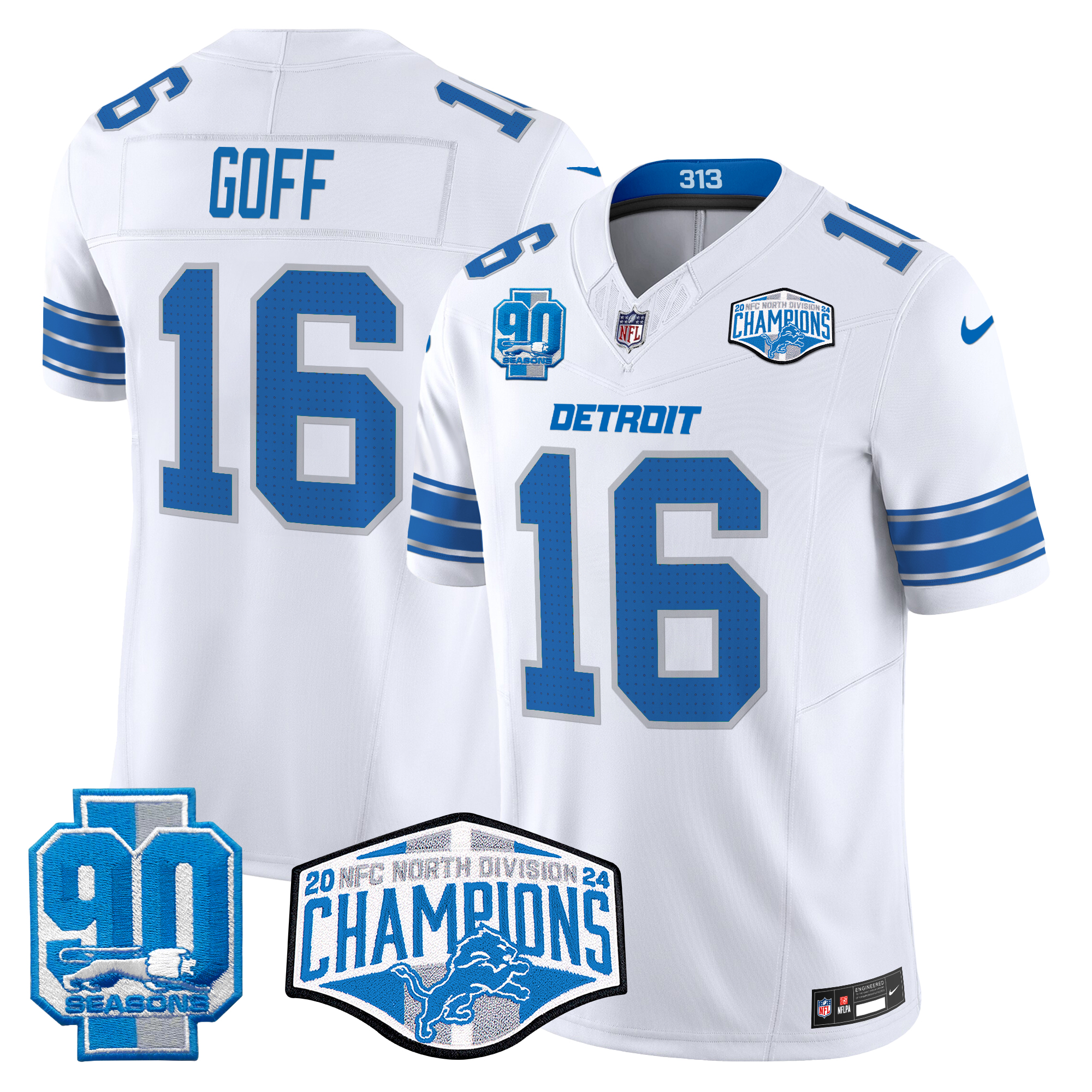 Jared Goff Men's Detroit Lions 2024 NFC North Division Champions Patch Vapor Limited White Jersey - All Stitched