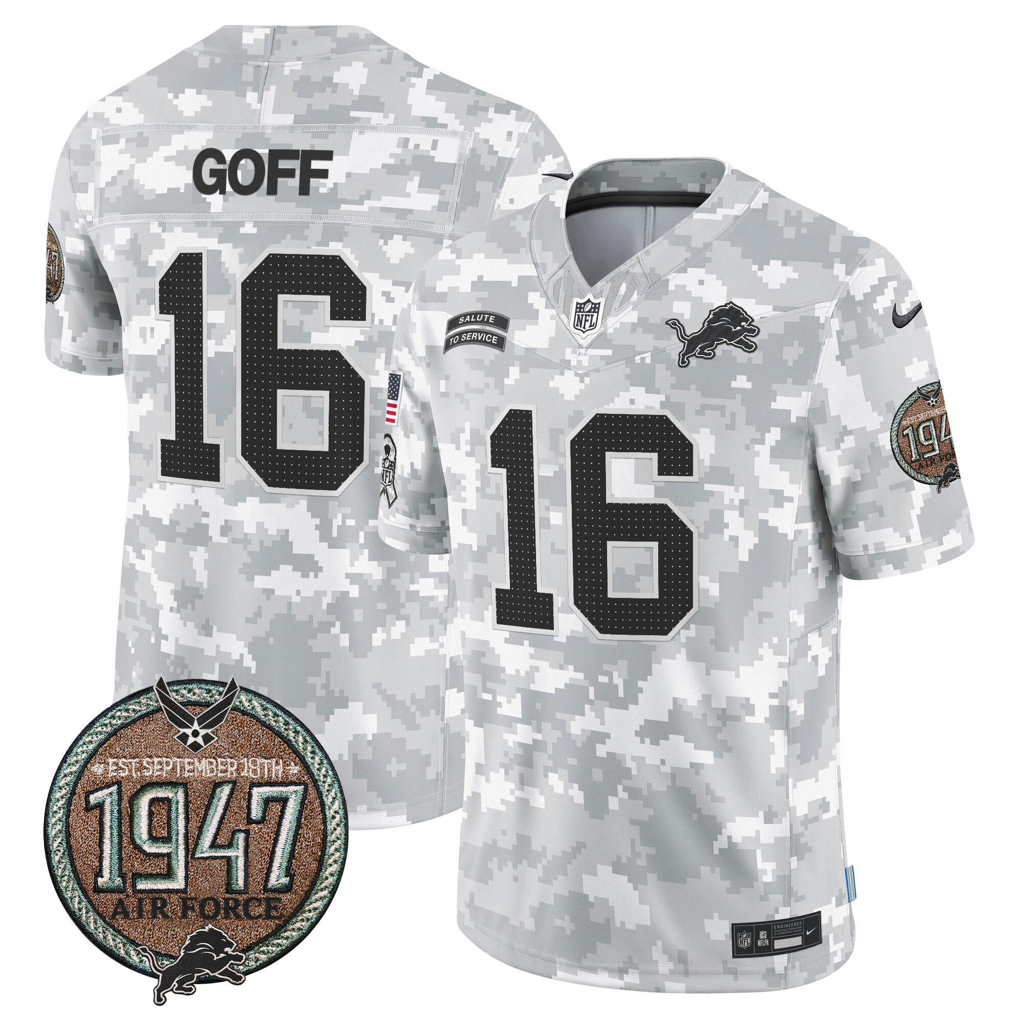 Jared Goff Men's Detroit Lions 2024 Salute to Service Establishment Year Patch Vapor Limited Air Force Jersey - All Stitched