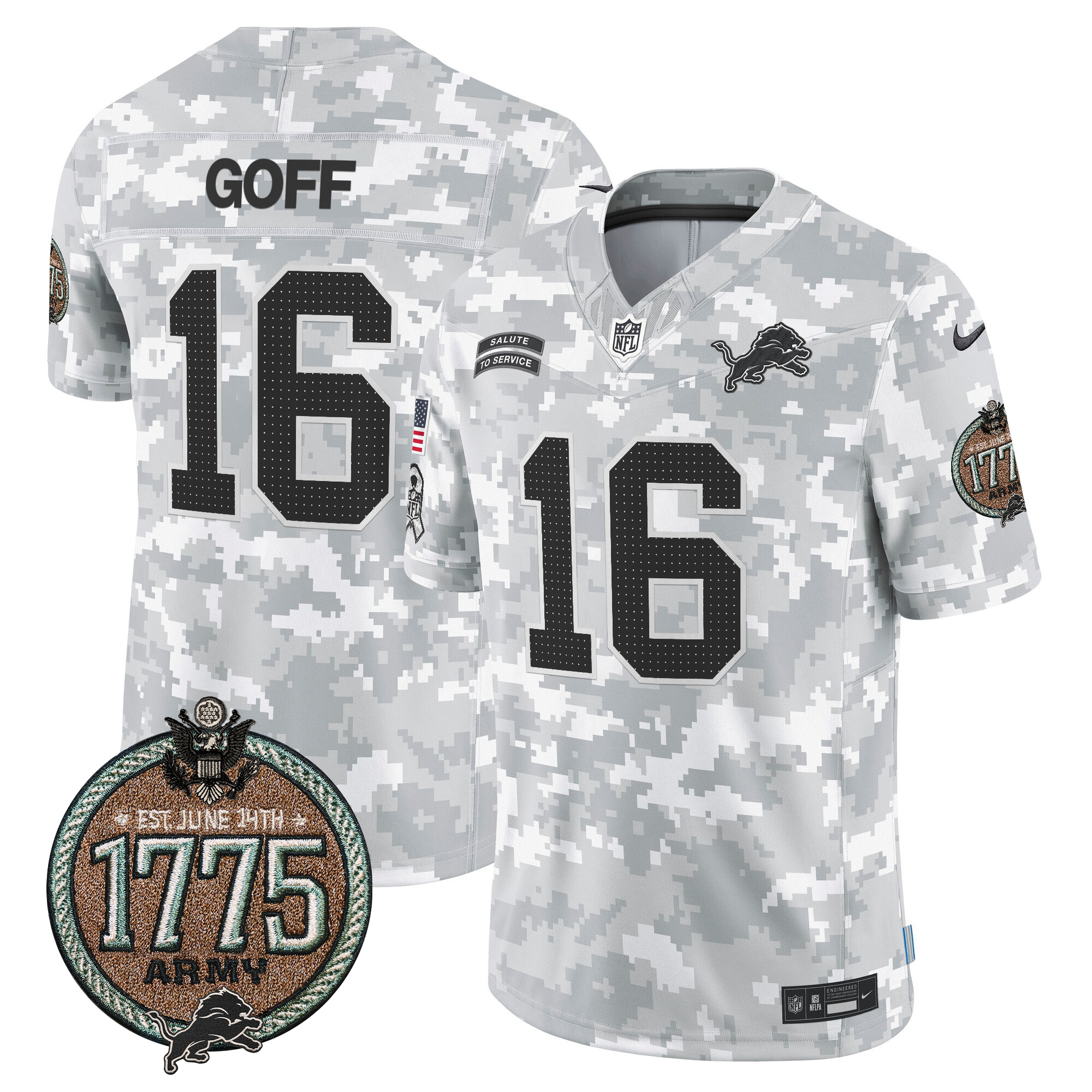 Jared Goff Men's Detroit Lions 2024 Salute to Service Establishment Year Patch Vapor Limited Army Jersey - All Stitched