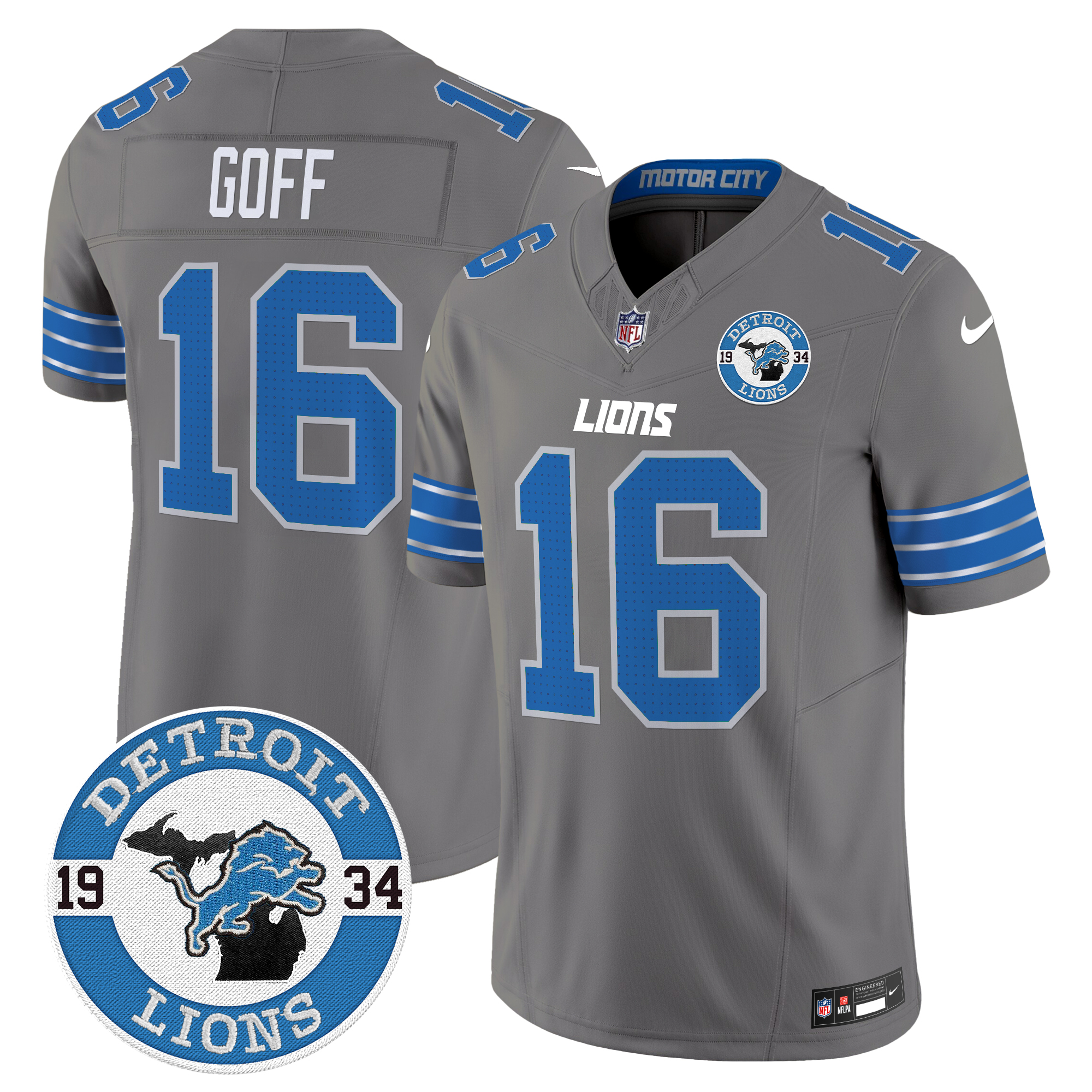 Jared Goff Men's Detroit Lions 2024 Vapor Limited Gray Jersey - All Stitched