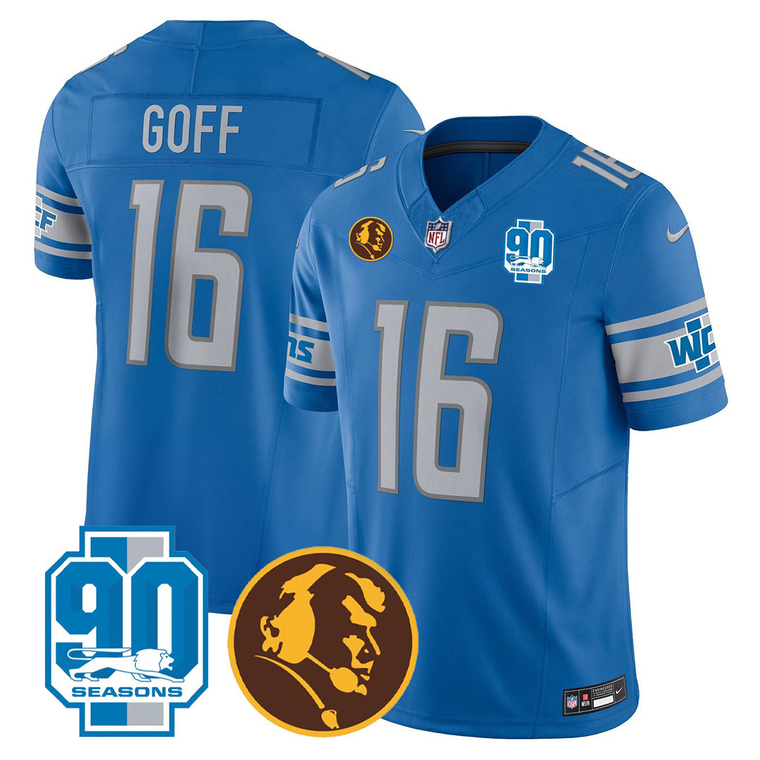 Jared Goff Men's Detroit Lions 90th & John Madden Patch Blue Jersey - All Stitched