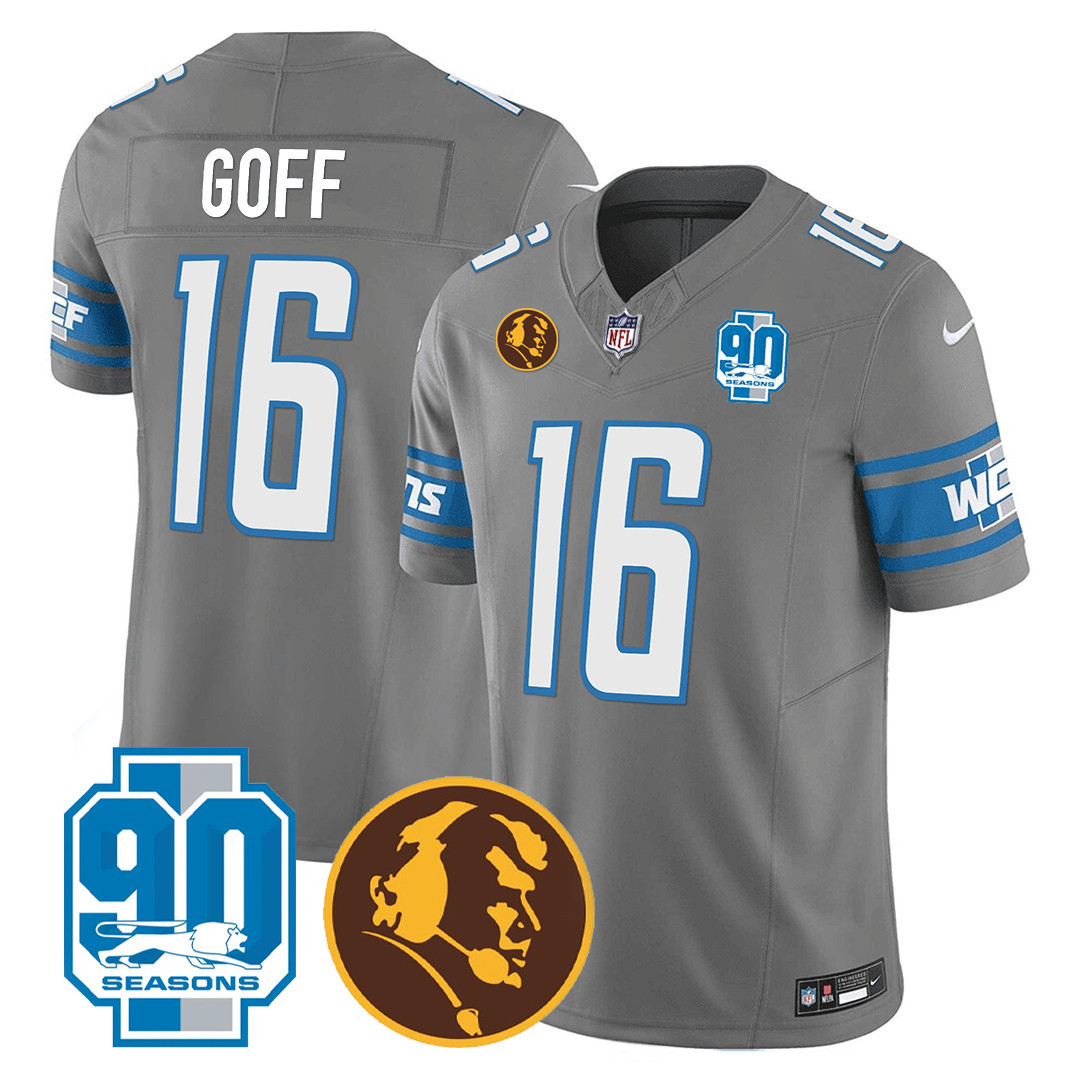 Jared Goff Men's Detroit Lions 90th & John Madden Patch Gray Jersey - All Stitched