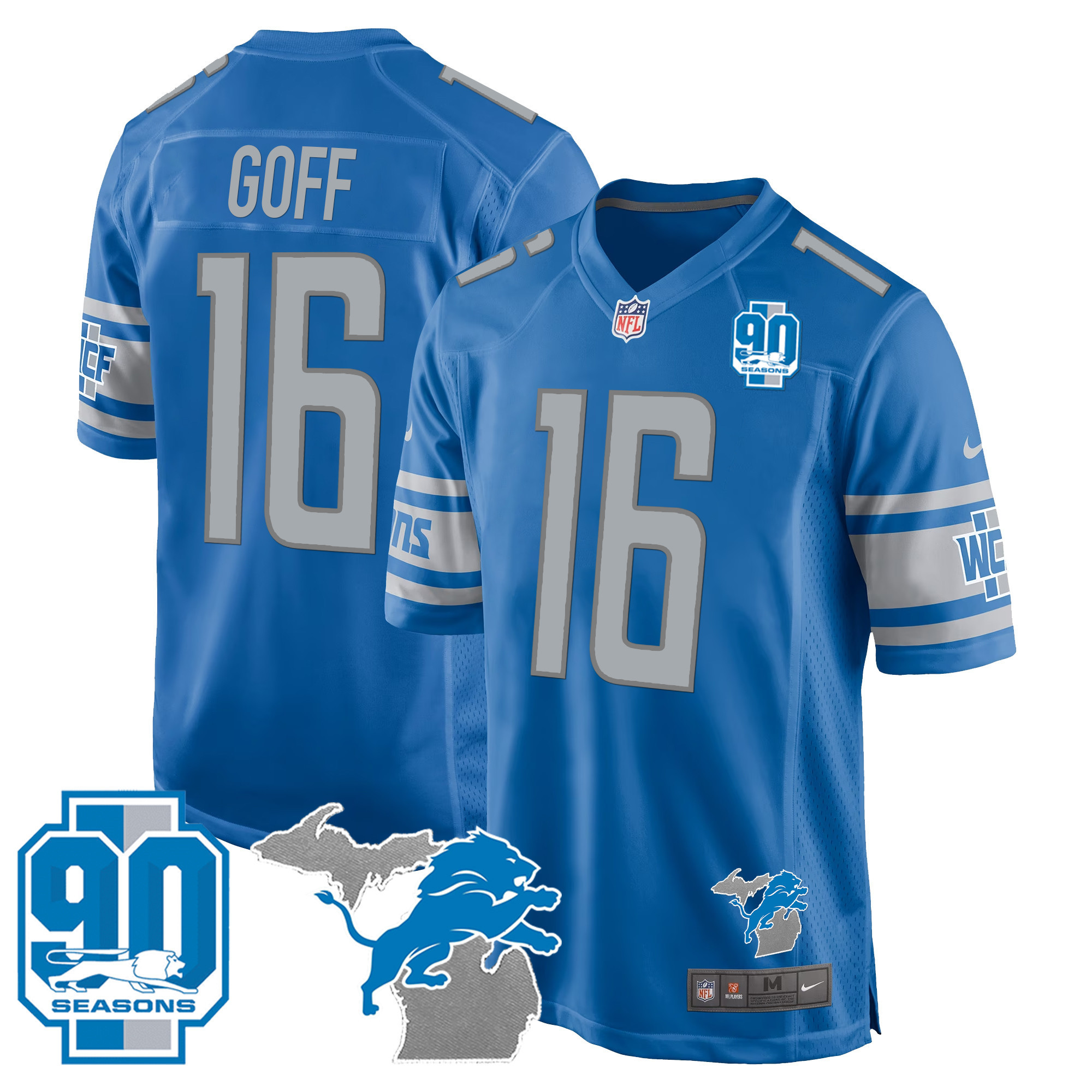 Jared Goff Men's Detroit Lions 90th Year & Michigan Patch Game Blue Jersey - All Stitched